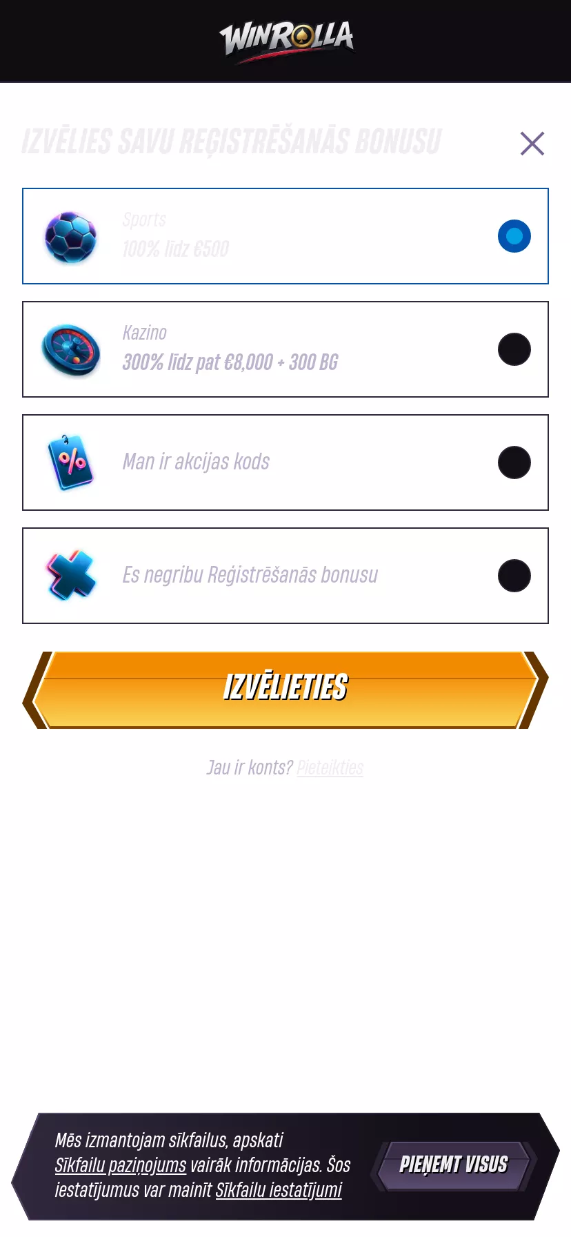 Mobile screen. WinRolla Up to €8000 + 300 FS + 1 Bonus Crab