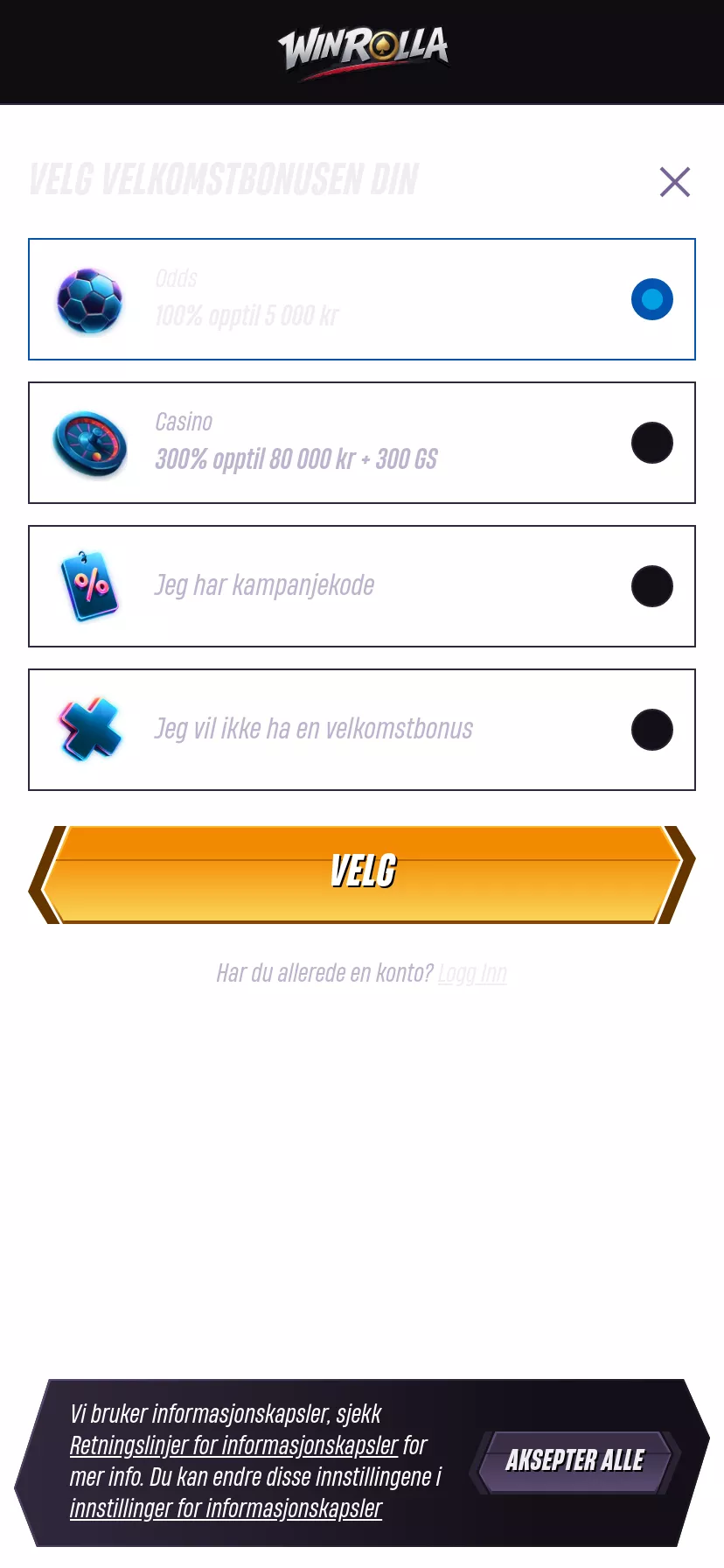 Mobile screen. WinRolla Up to kr80000 + 300 FS + 1 Bonus Crab