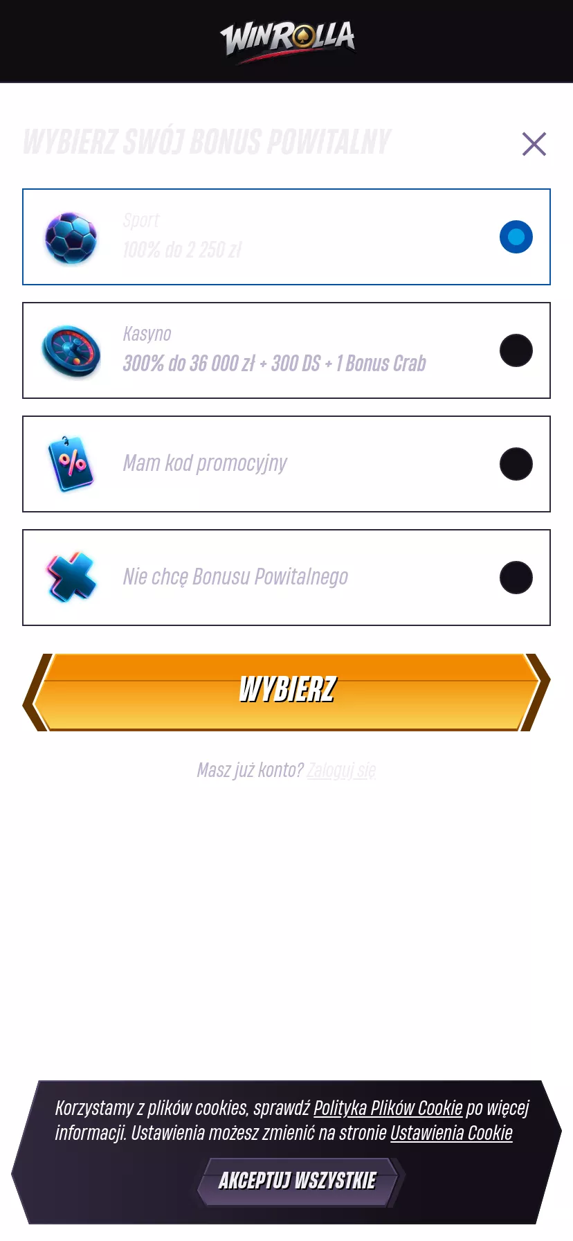 Mobile screen. WinRolla Up to zł36000 + 300 FS + 1 Bonus Crab