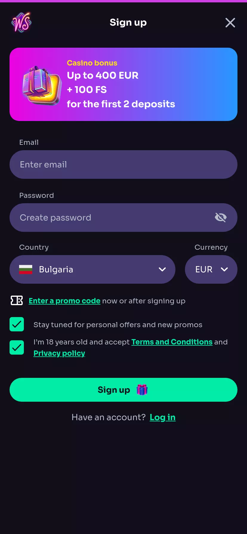 Mobile screen. WinSpirit Casino 150% up to €150 + 35 FS