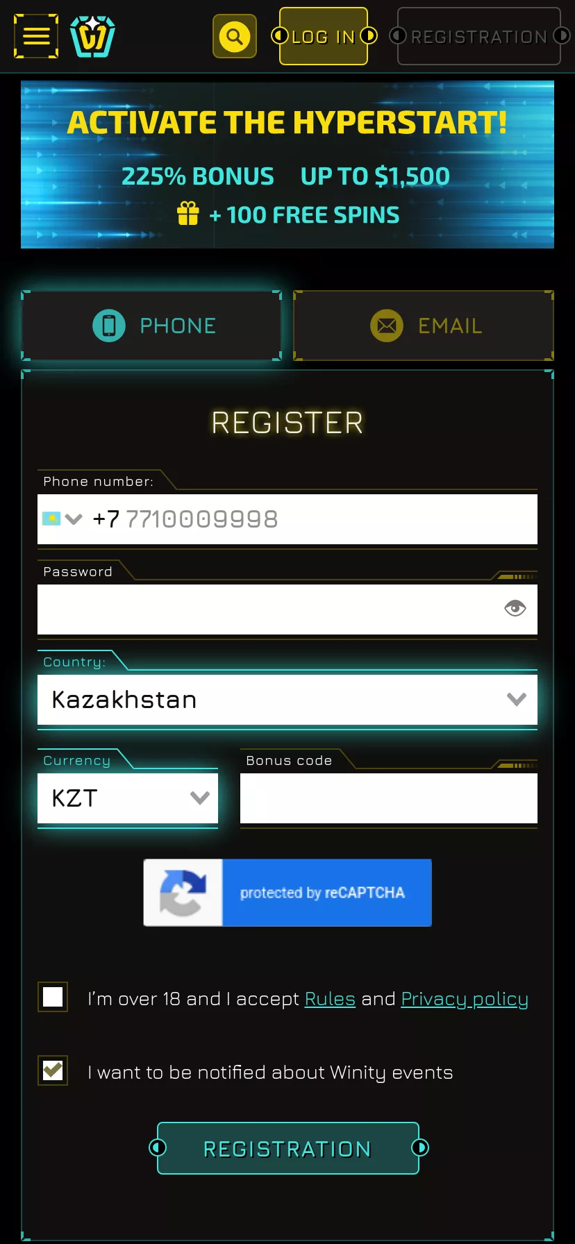 Mobile screen. Winity До $1500 + 100 FS