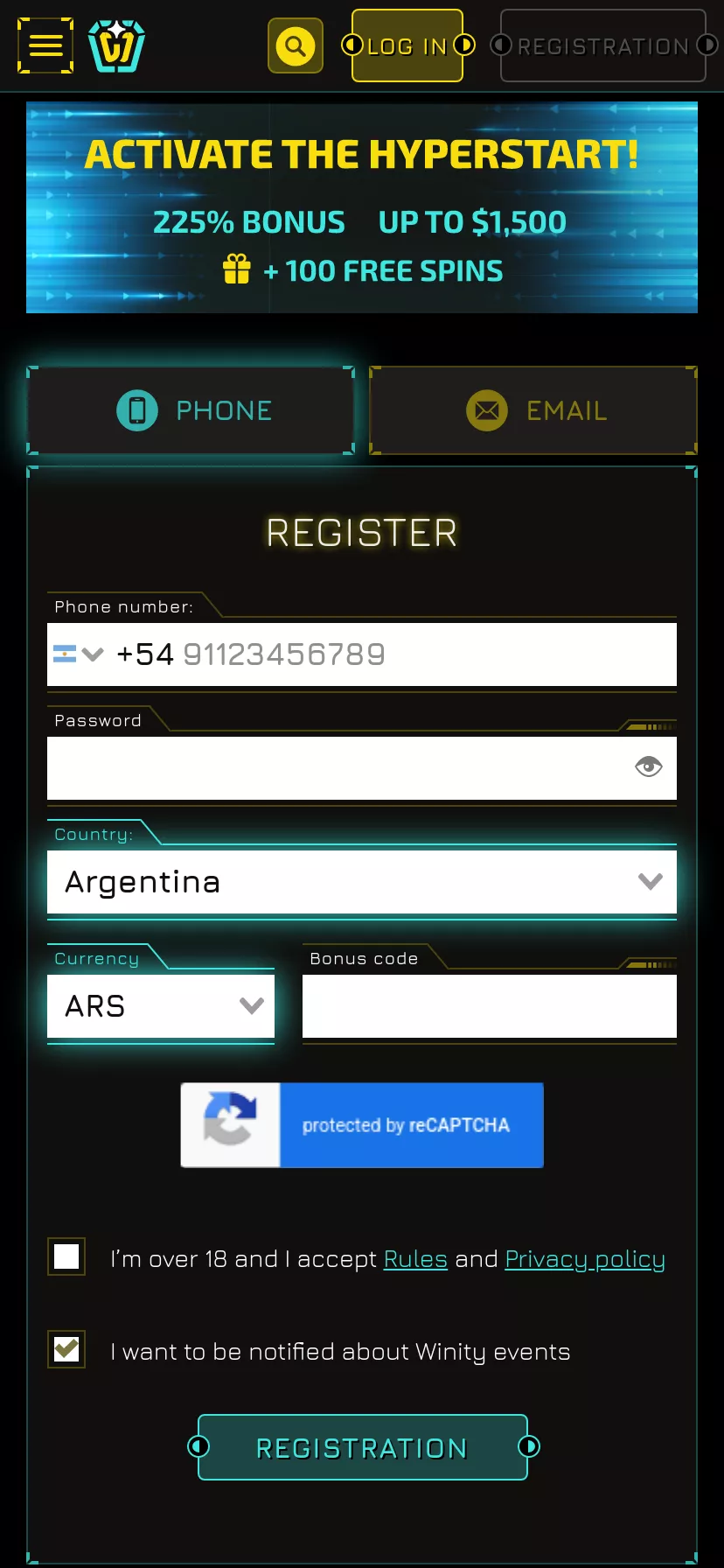 Mobile screen. Winity Up to $1500 + 100 FS