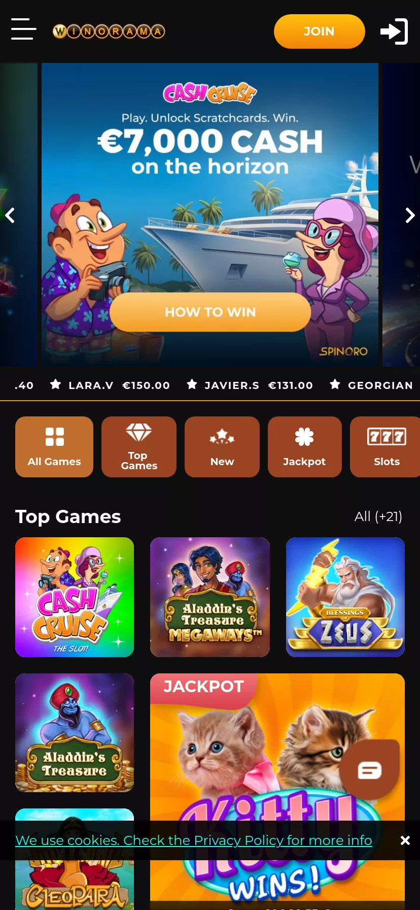 Mobile screen. Winorama 100% up to €200