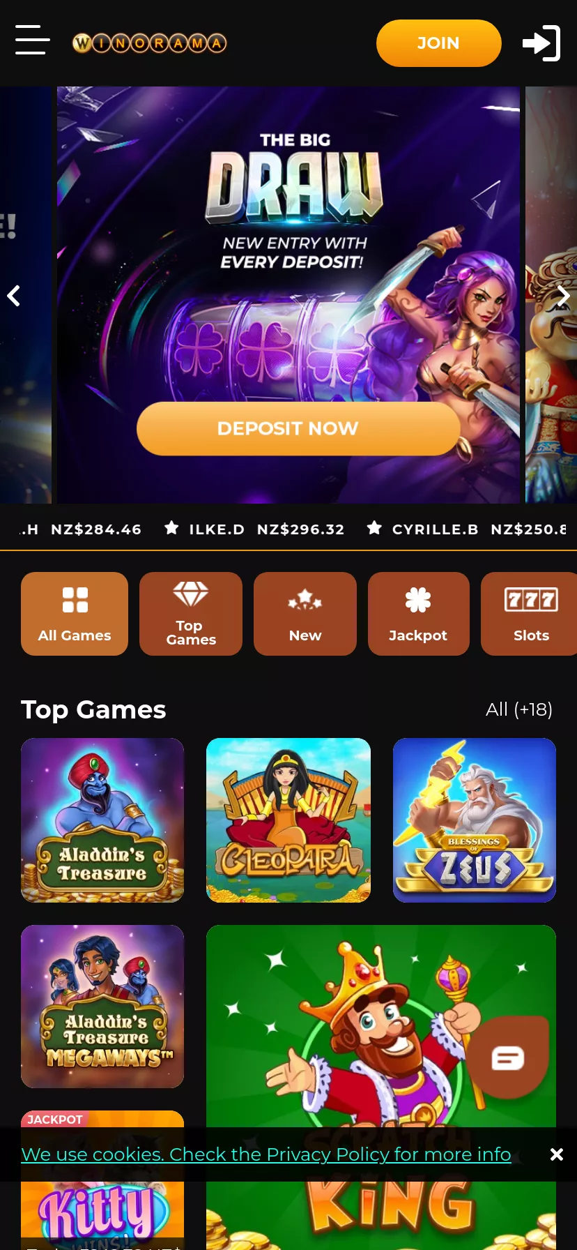 Mobile screen. Winorama 100% up to $200