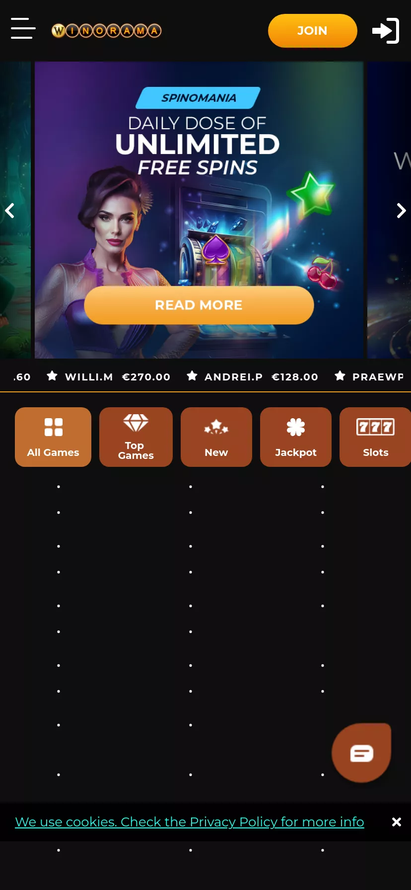 Mobile screen. Winorama 100% up to $200