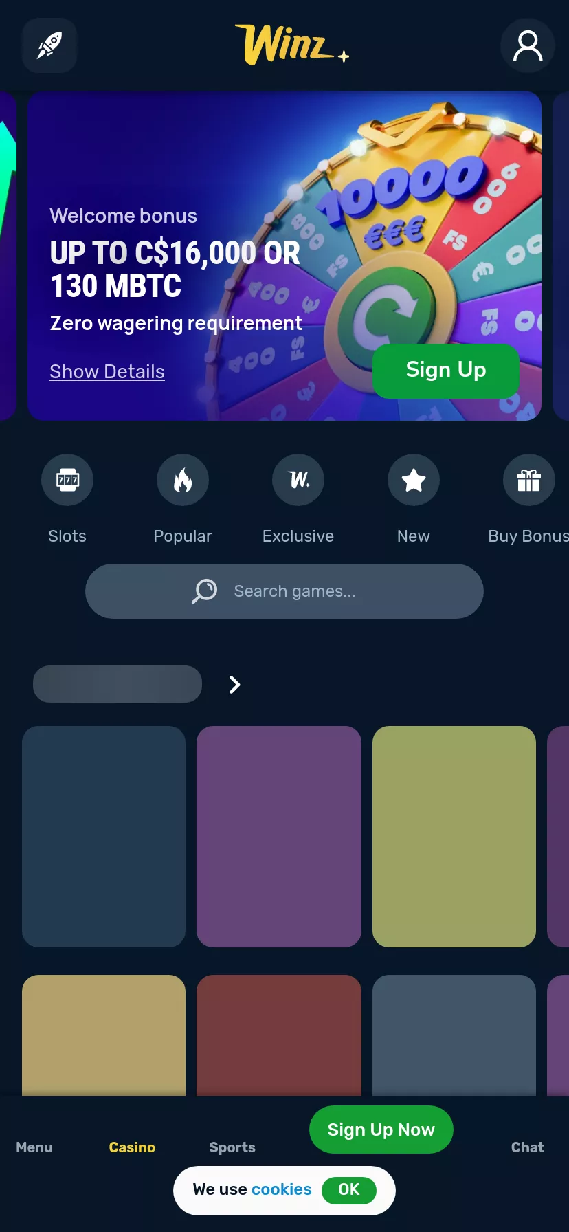 Mobile screen. Winz Up to $10000