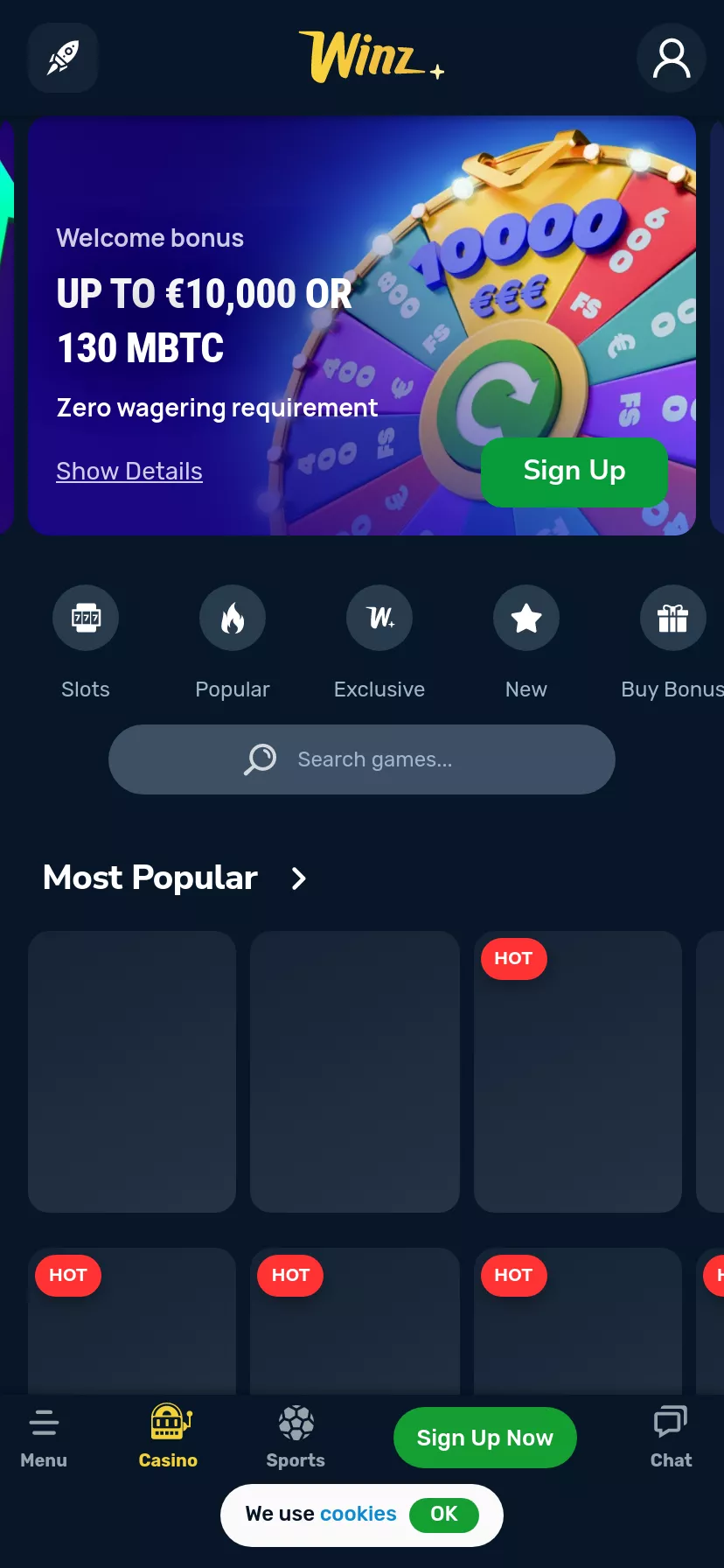 Mobile screen. Winz Up to €10000