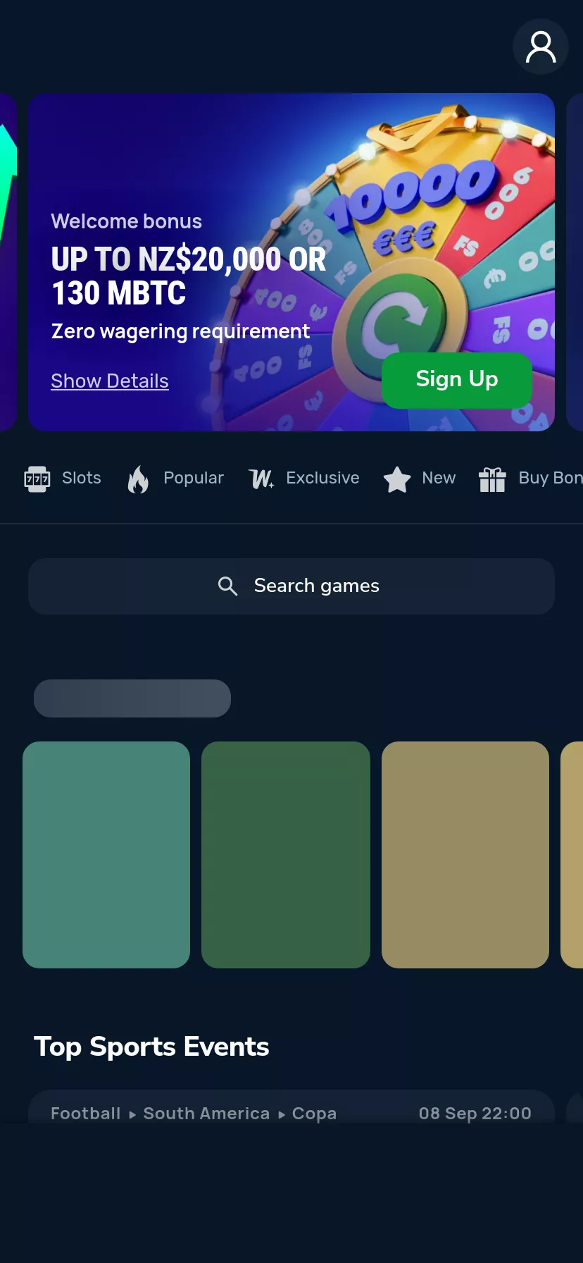 Mobile screen. Winz Up to $10000