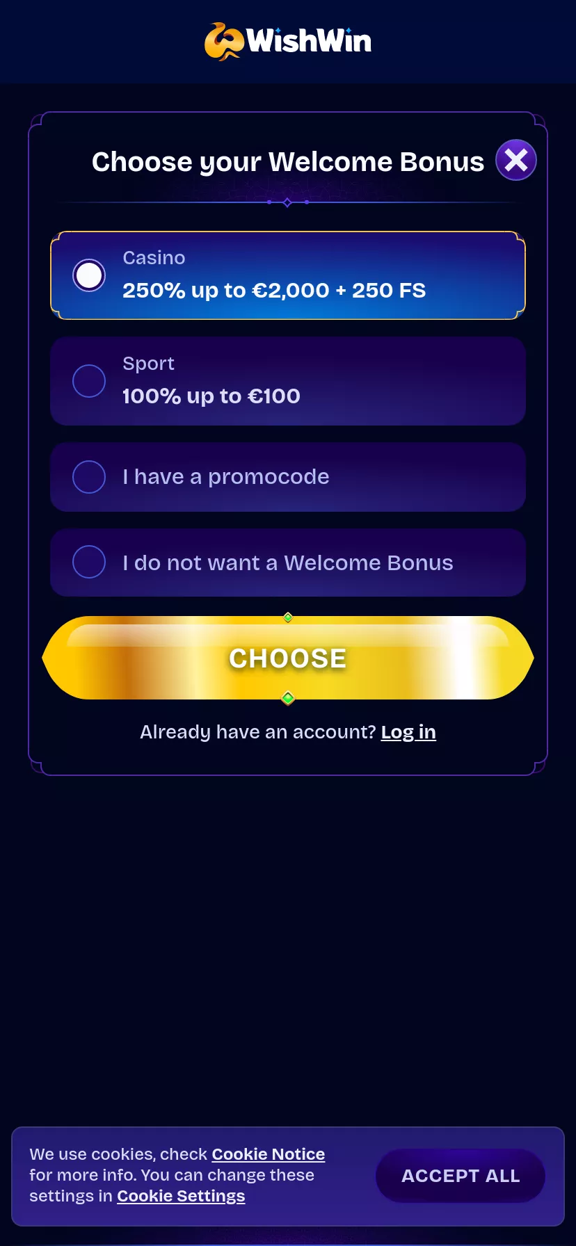 Mobile screen. WishWin Casino Up to $3000 + 400 FS + 1 Bonus Crab