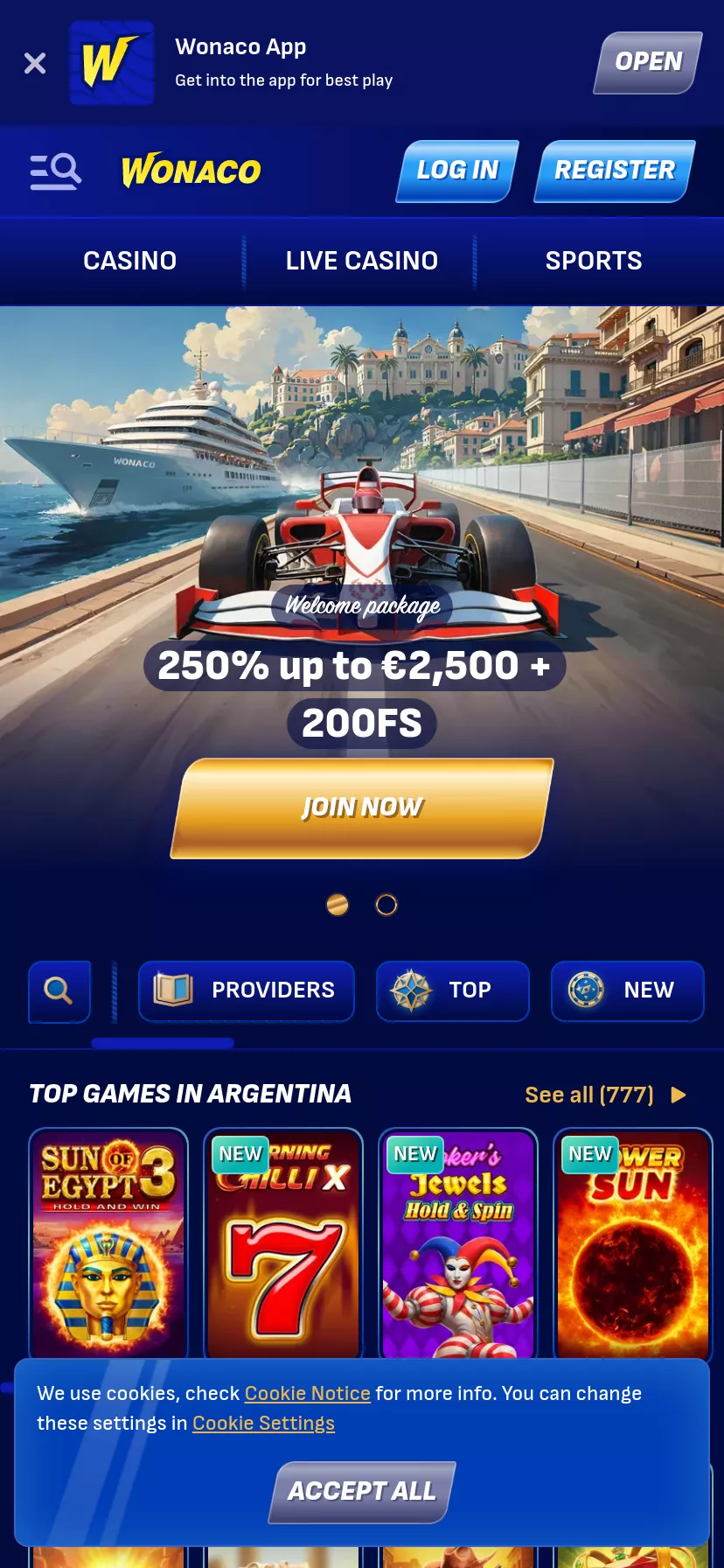 Mobile screen. Wonaco Casino 50% up to $700 + 50 FS