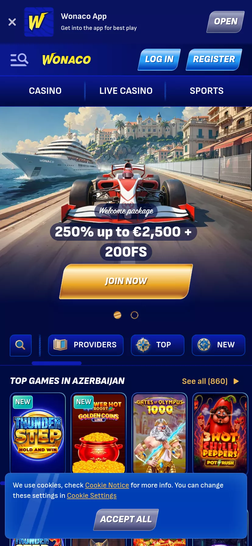 Mobile screen. Wonaco Casino Up to $2500 + 200 FS + 1 Bonus Crab
