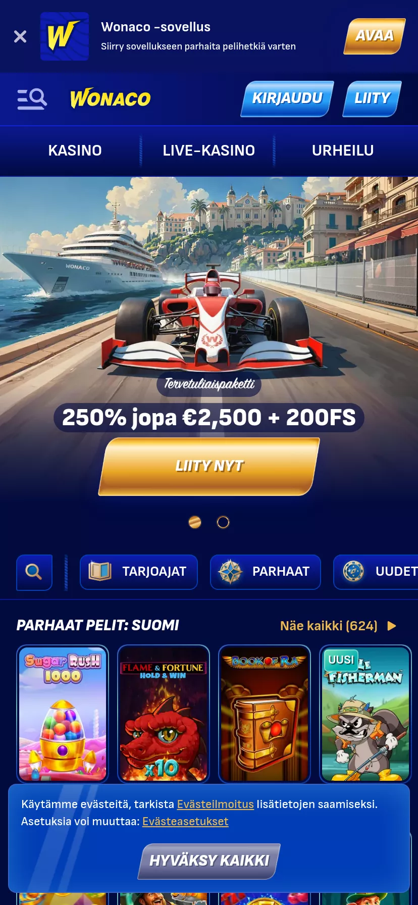 Mobile screen. Wonaco Casino Up to €2500 + 200 FS + 1 Bonus Crab