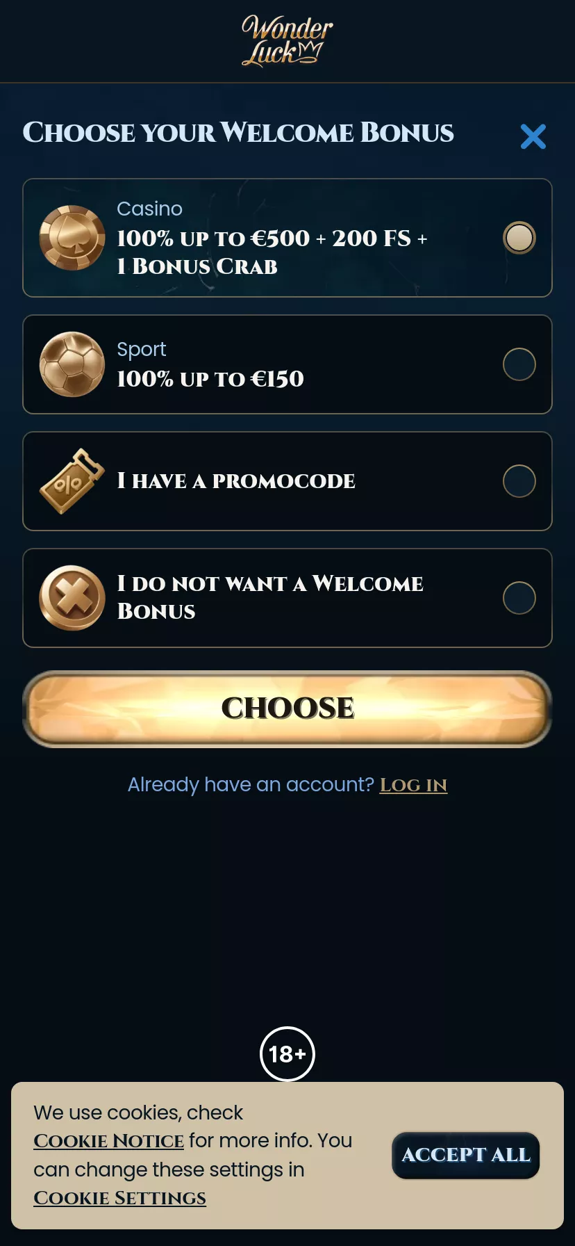 Mobile screen. Wonder Luck 100% up to $500 + 200 FS + 1 Bonus Crab