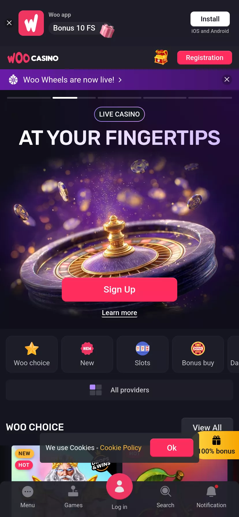 Mobile screen. Woo Casino Up to $3500 + 200 FS