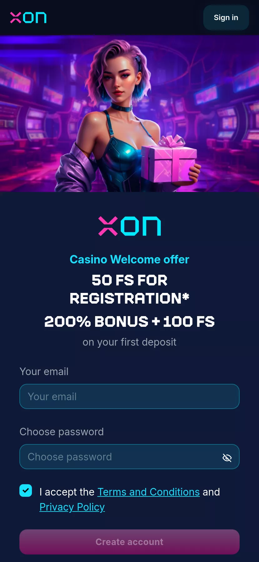 Mobile screen. XON.BET Casino Get 50 FS
