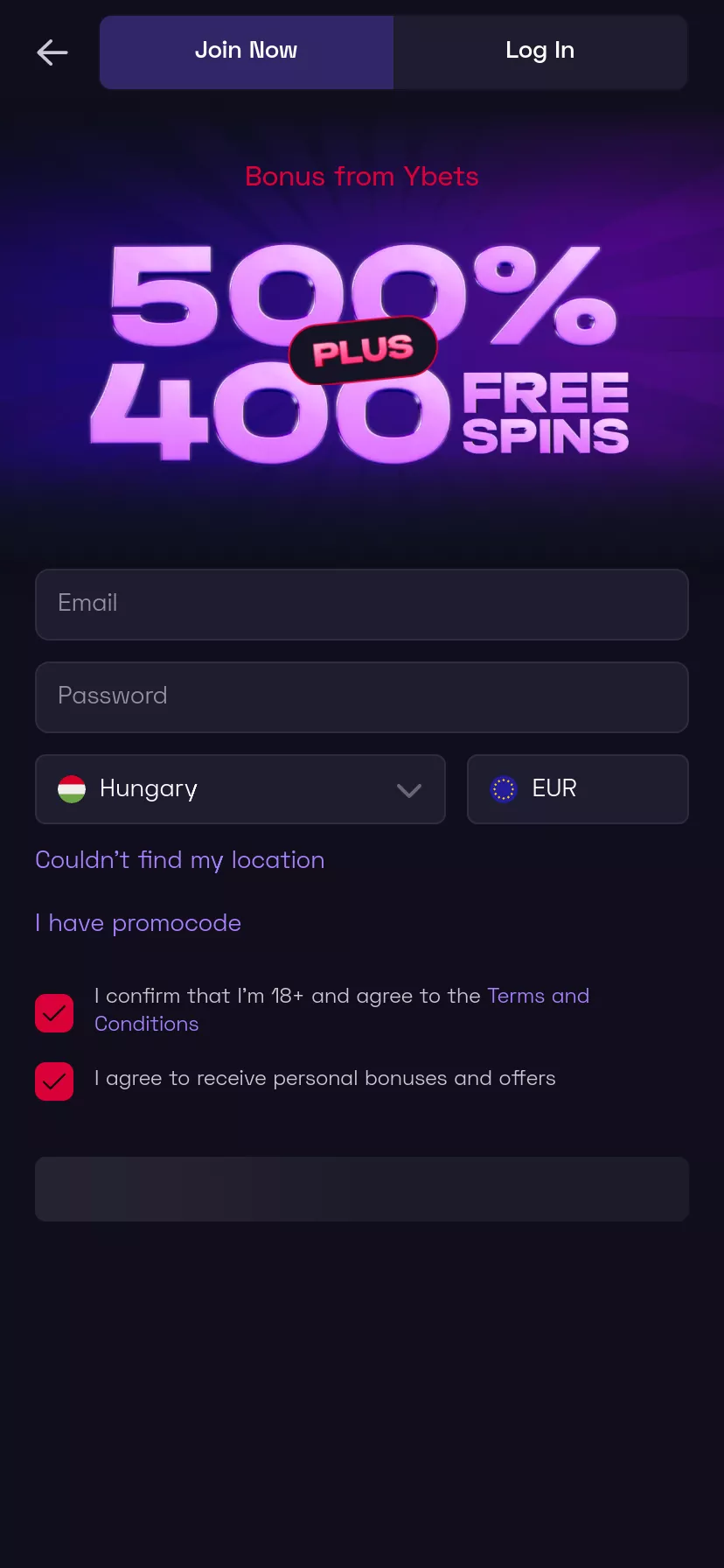 Mobile screen. Ybets Up to €8000 + 400 FS