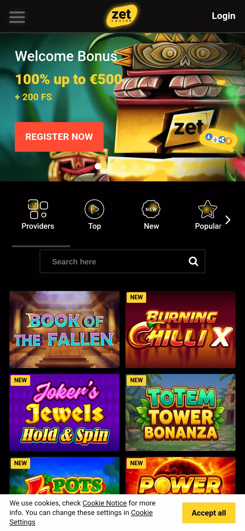 Mobile screen. Zet Casino 100% up to $500 + 200 FS + 1 Bonus Crab