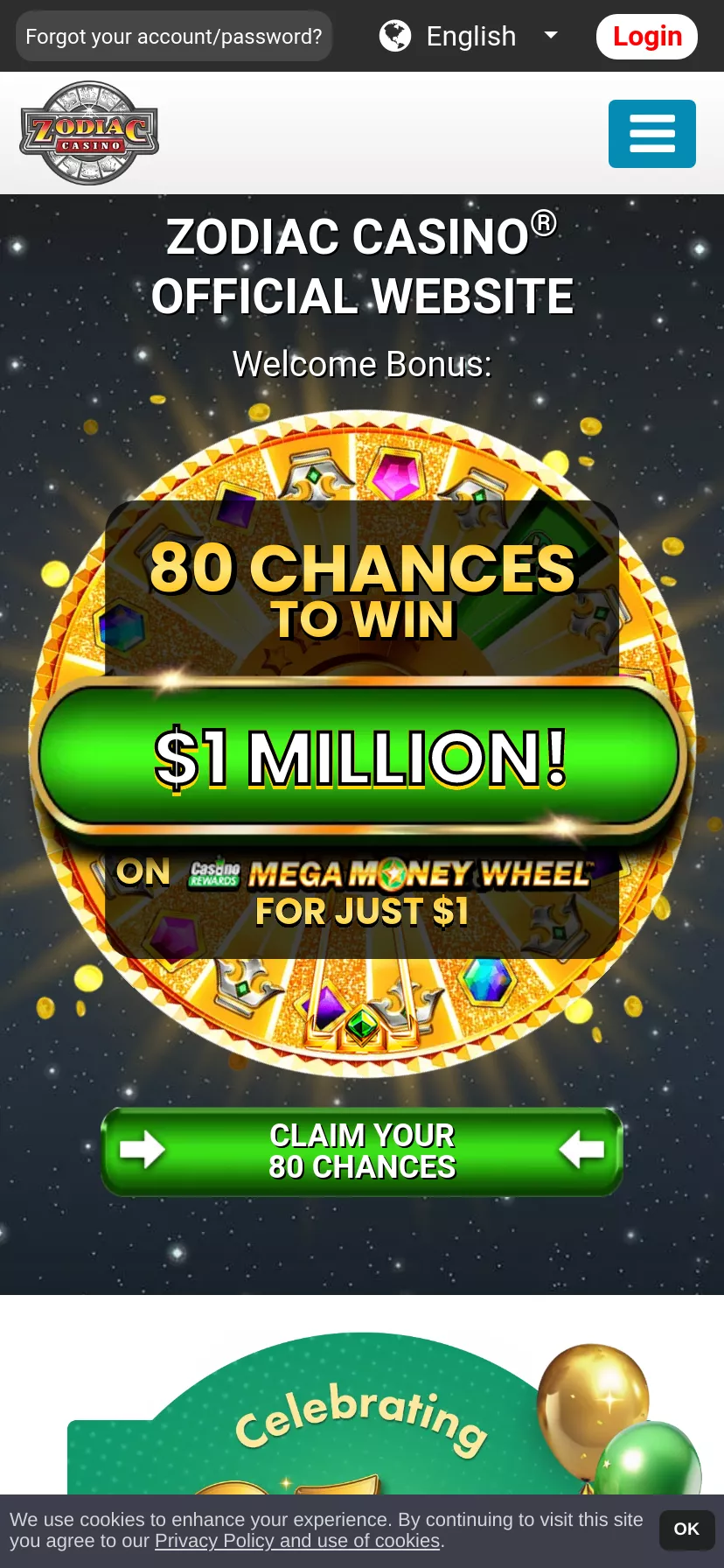 Mobile screen. Zodiac Casino Up to $480 + 80 FS