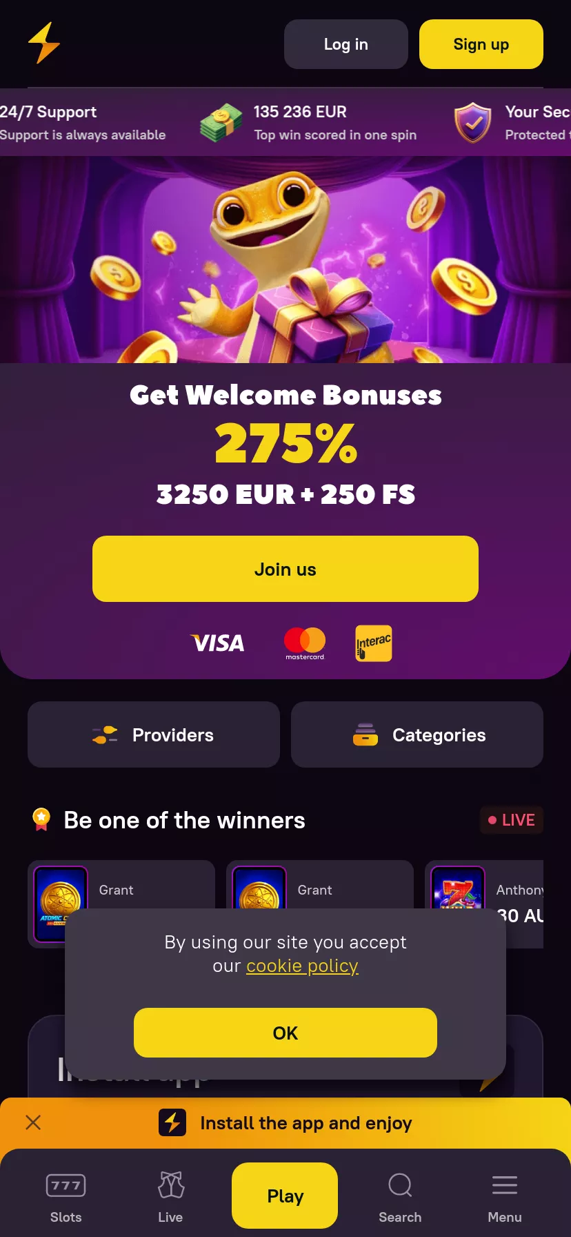 Mobile screen. Zoome Casino Up to $2500 + 250 FS