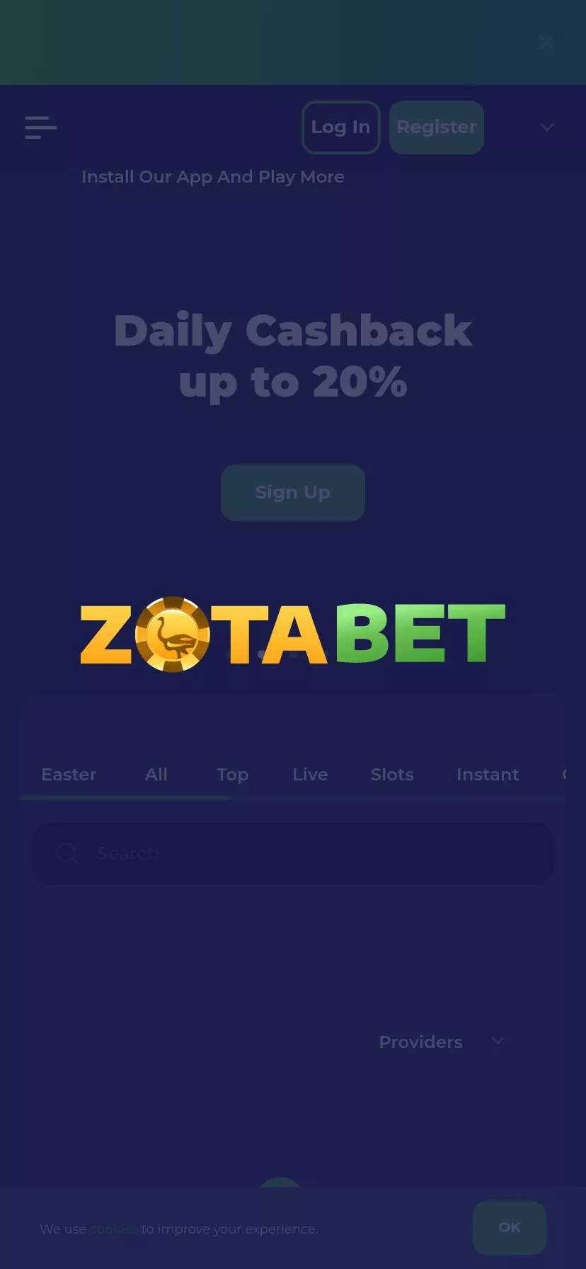 Mobile screen. Zotabet Casino Cashback 20%