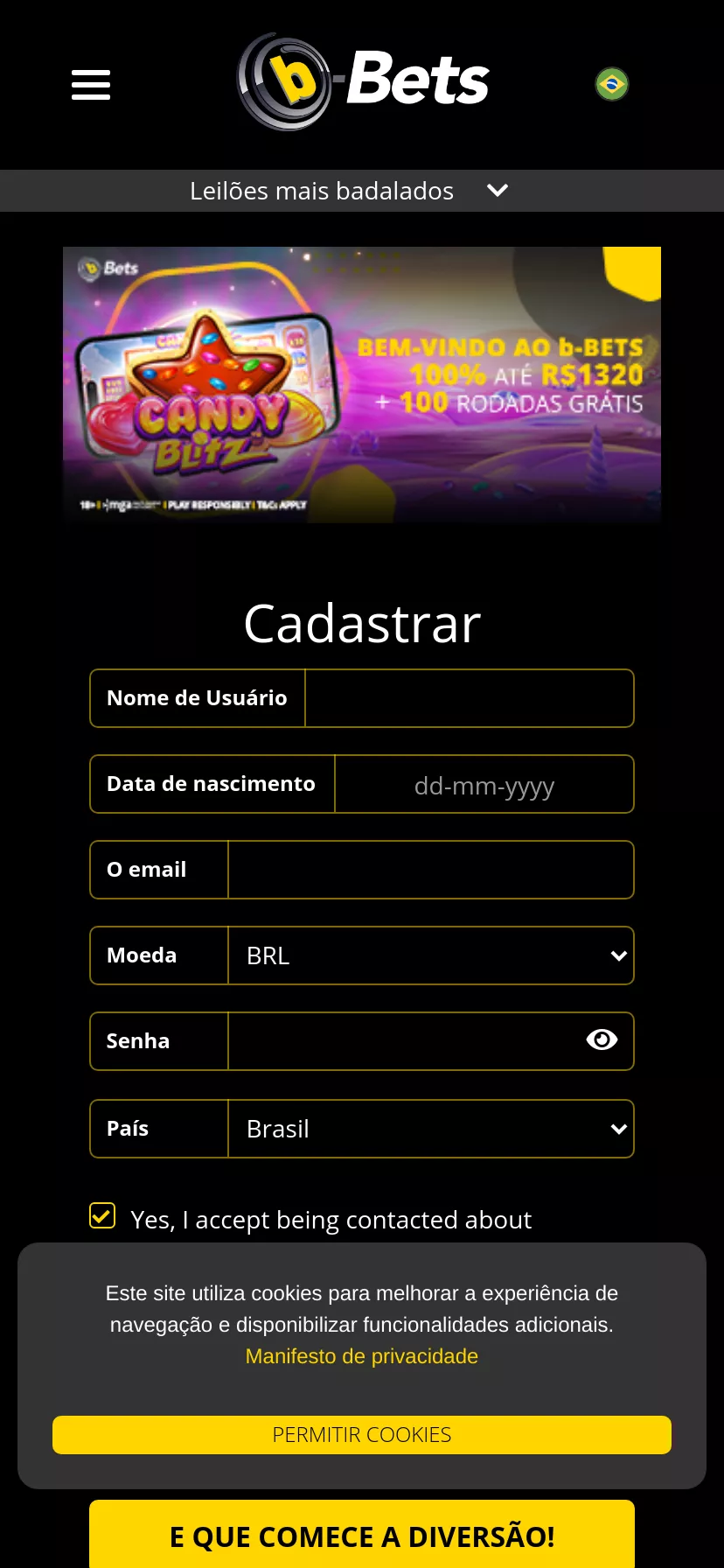 Mobile screen. b-Bets Casino (Slots) Até $3000 + 300 FS