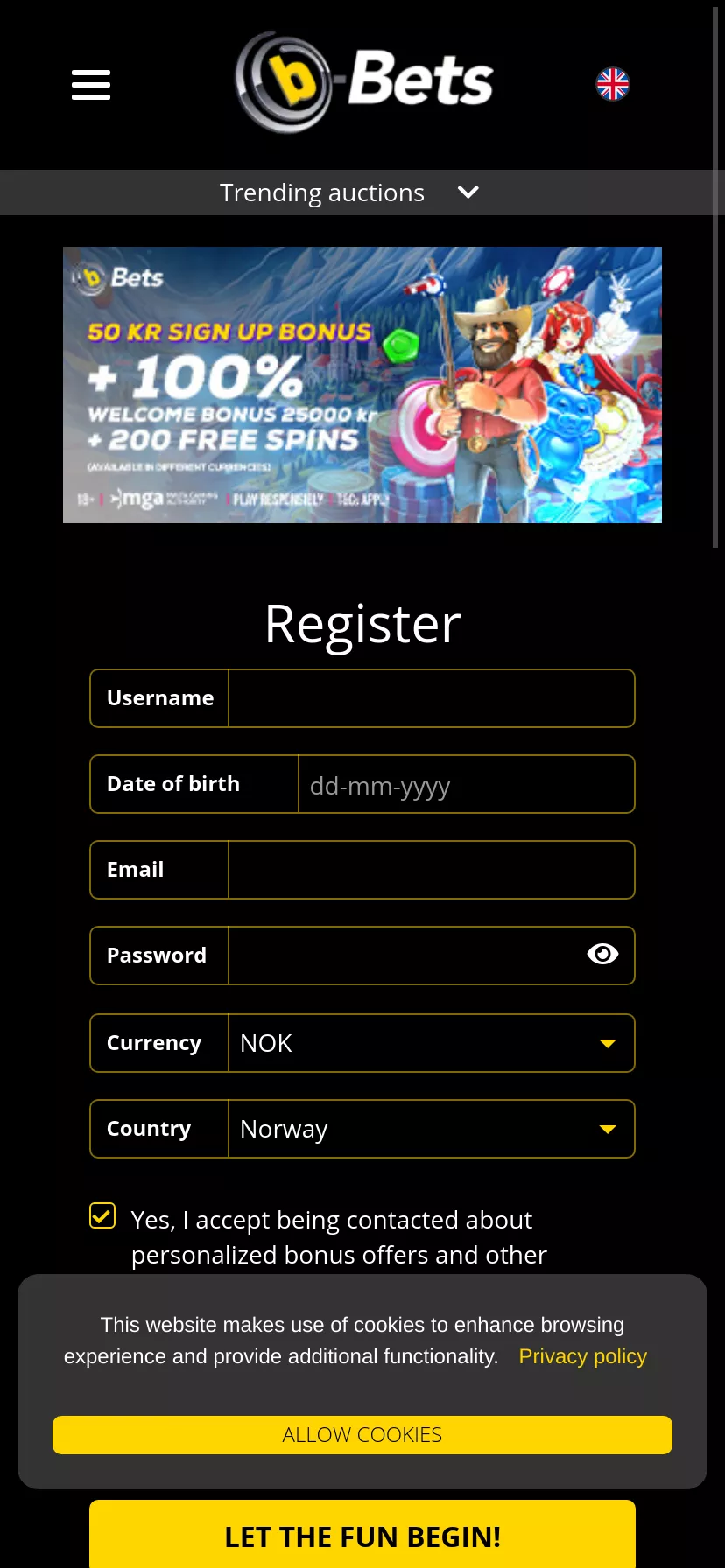 Mobile screen. b-Bets Casino (Slots) Up to kr25000 + 200 FS