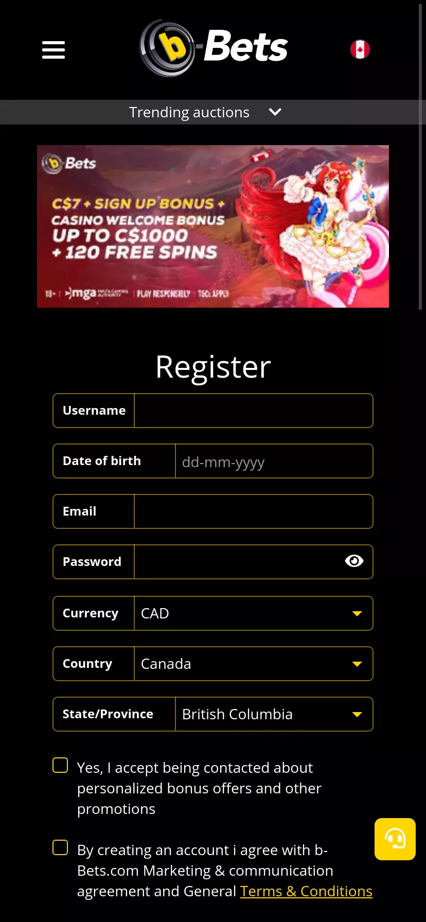 Mobile screen. b-Bets Casino (Slots) 100% up to C$1000 + 120 FS