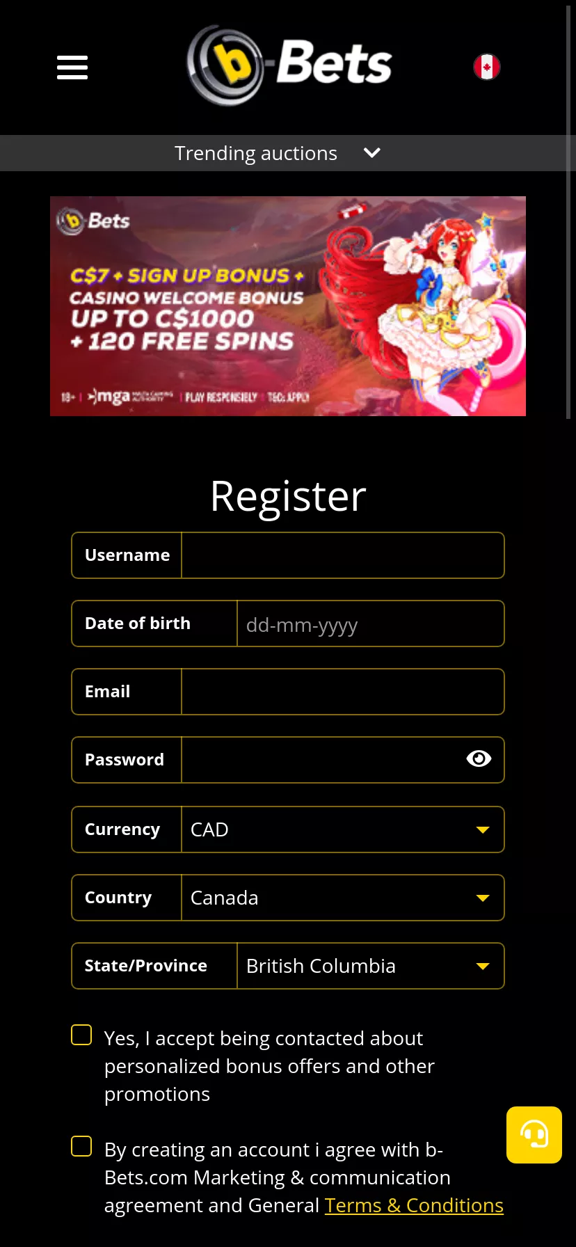 Mobile screen. b-Bets Casino (Slots) 100% up to C$1000 + 120FS