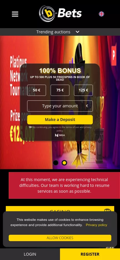 Mobile screen. b-Bets Casino (Slots) 100% up to €250 + 100FS