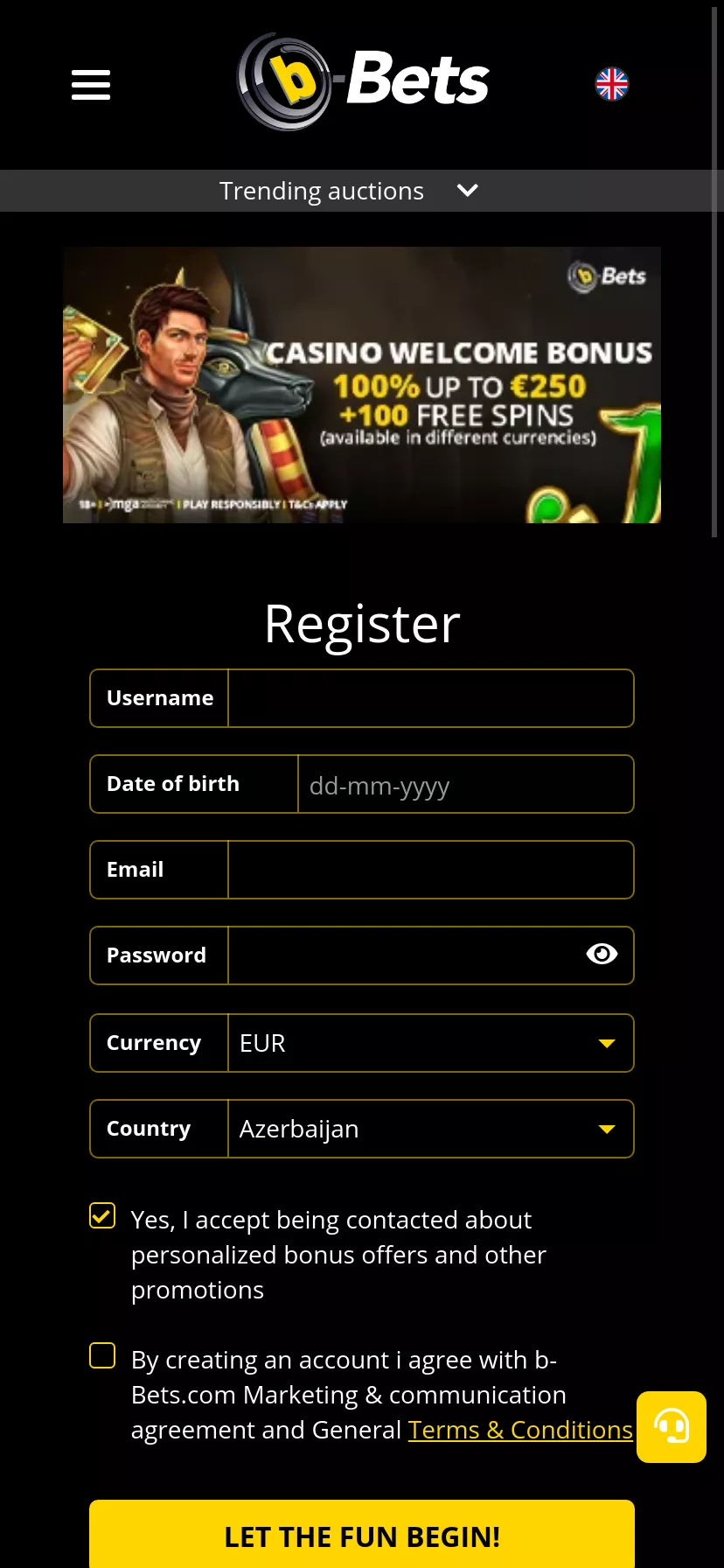 Mobile screen. b-Bets Casino (Slots) Up to $3000 + 300 FS