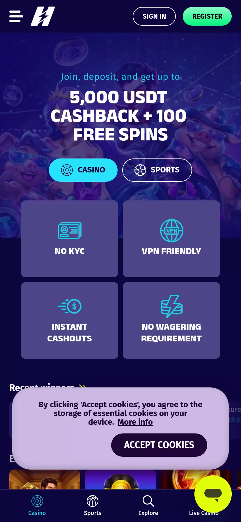 Mobile screen. HyperLucky Get 20% Cashback up to ₮5000