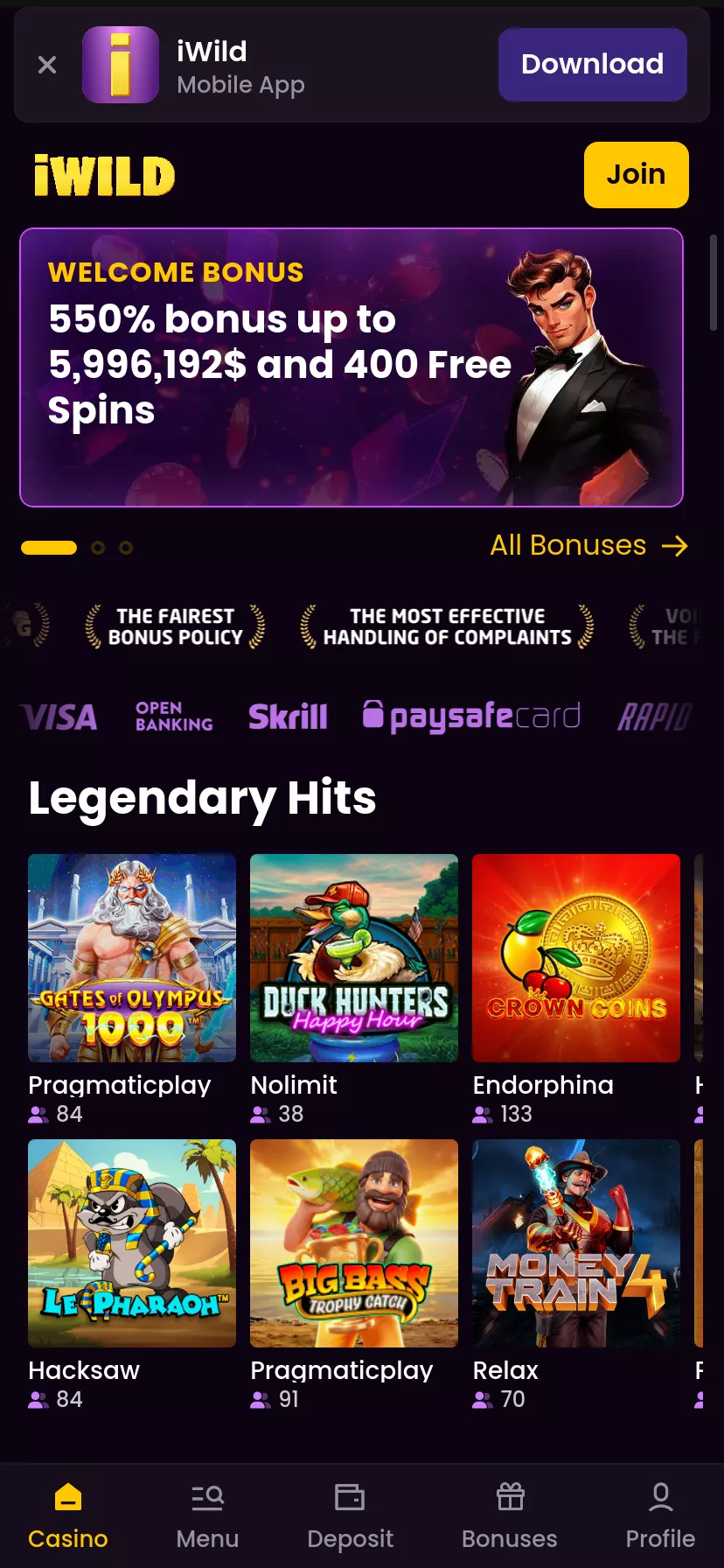 Mobile screen. iWildcasino Up to $4000 + 400 FS