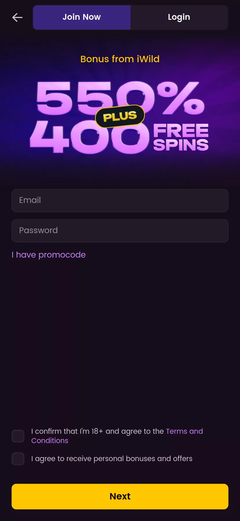 Mobile screen. iWildcasino Up to €4000 + 400 FS