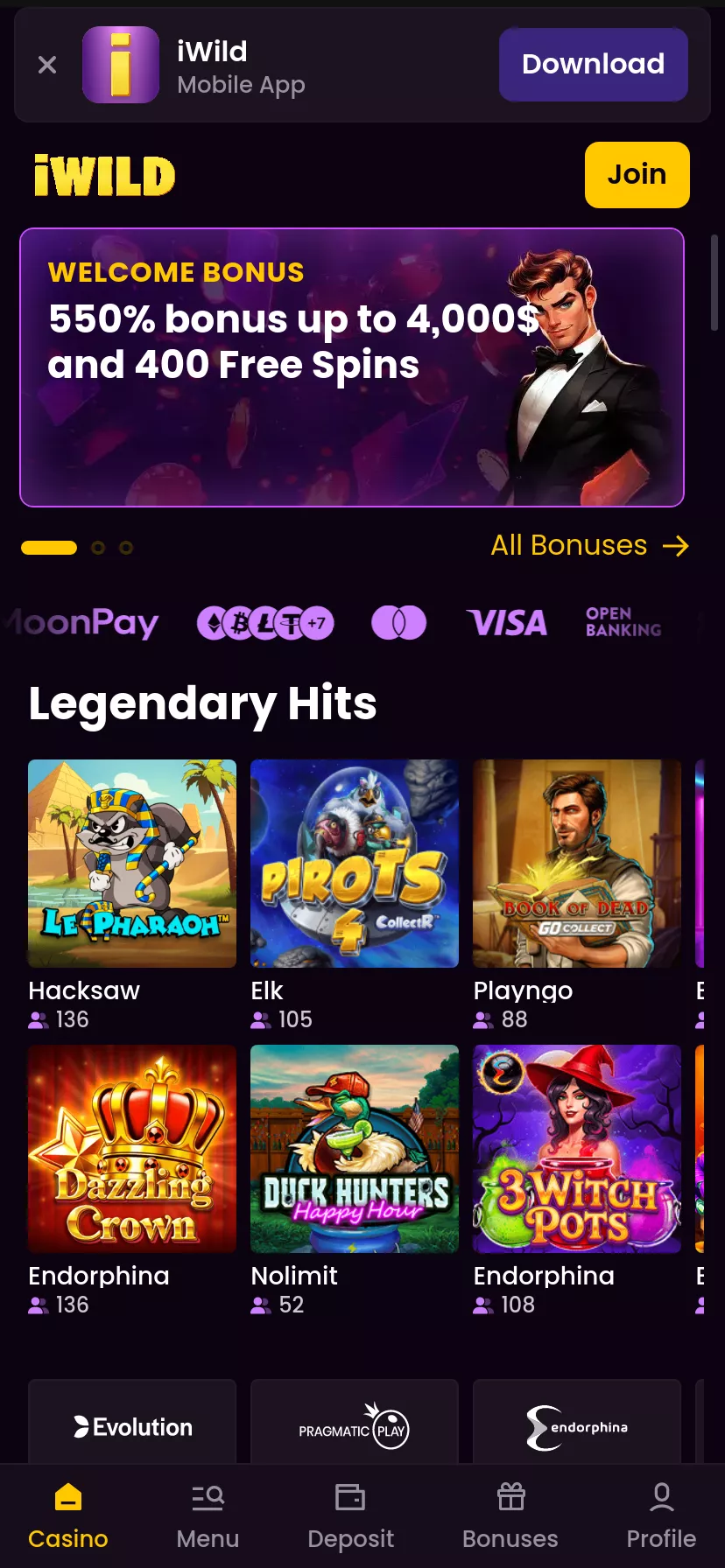 Mobile screen. iWildcasino Up to $4000 + 400 FS