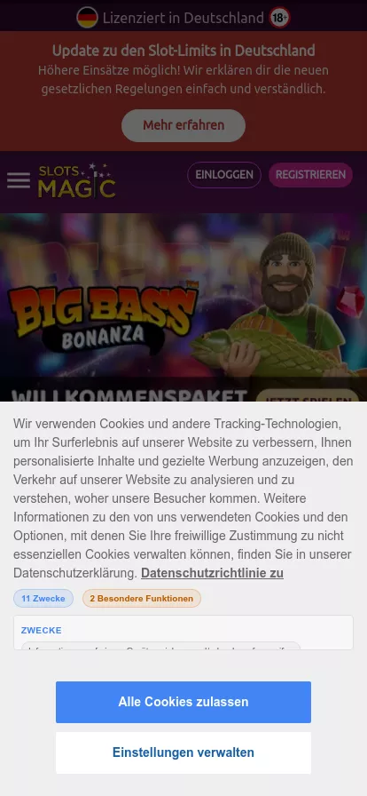 Mobile screen. Slots Magic 100% bis zu €100 + 50 FS