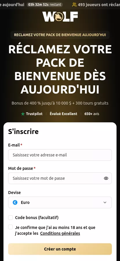 Mobile screen. Wolf.io Up to €10000 + 300 FS
