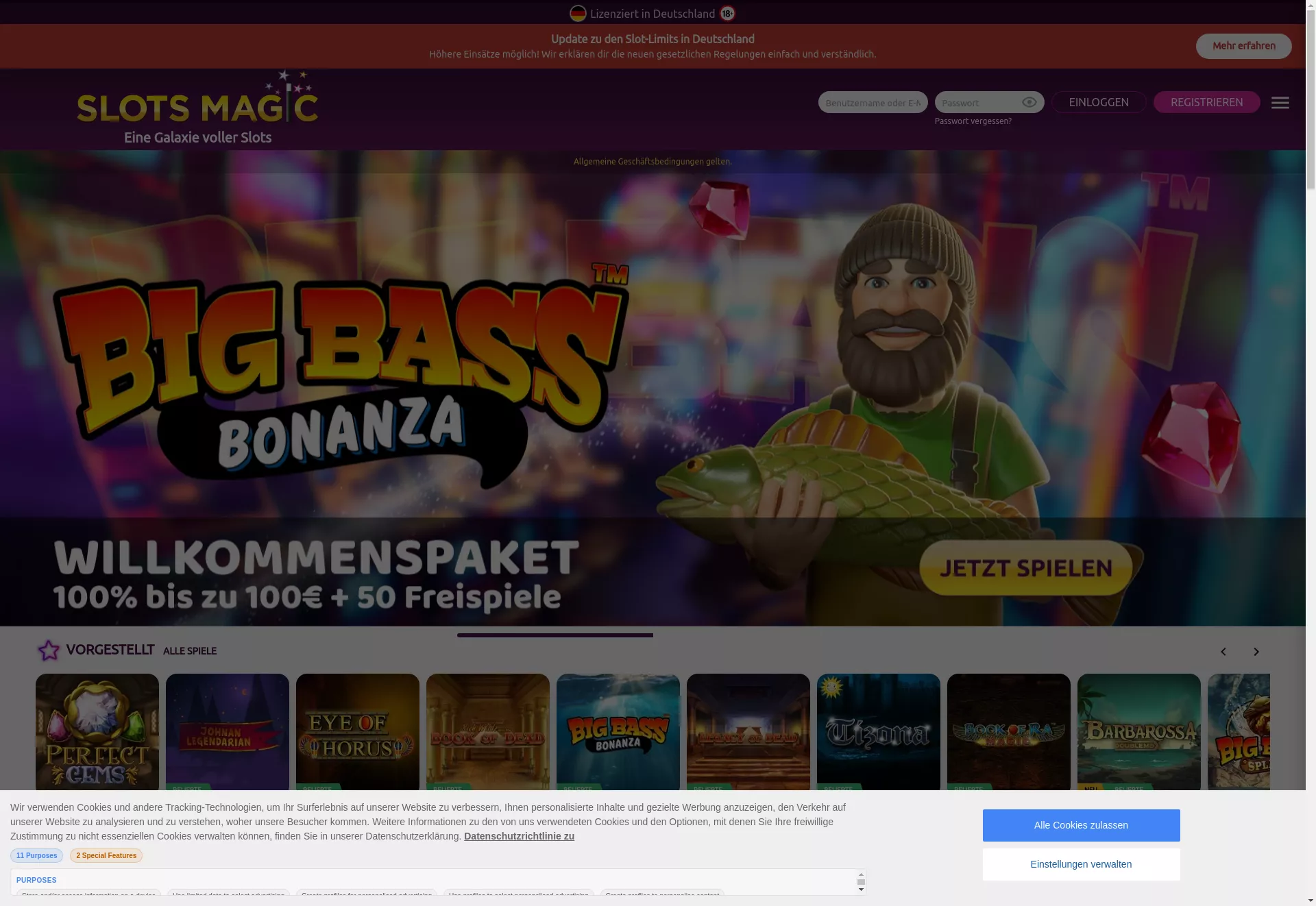 Desktop screen. Slots Magic 100% bis zu €100 + 50 FS