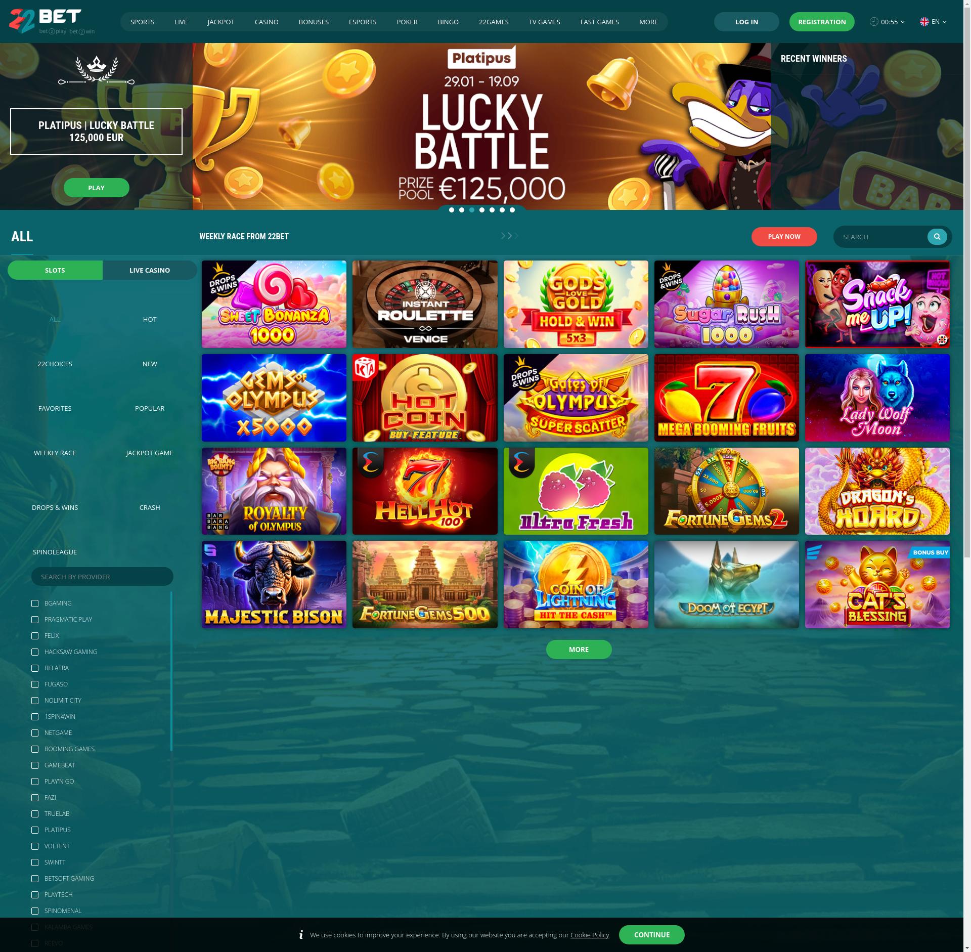 Screenshot der 22Bet Casino Oberfläche