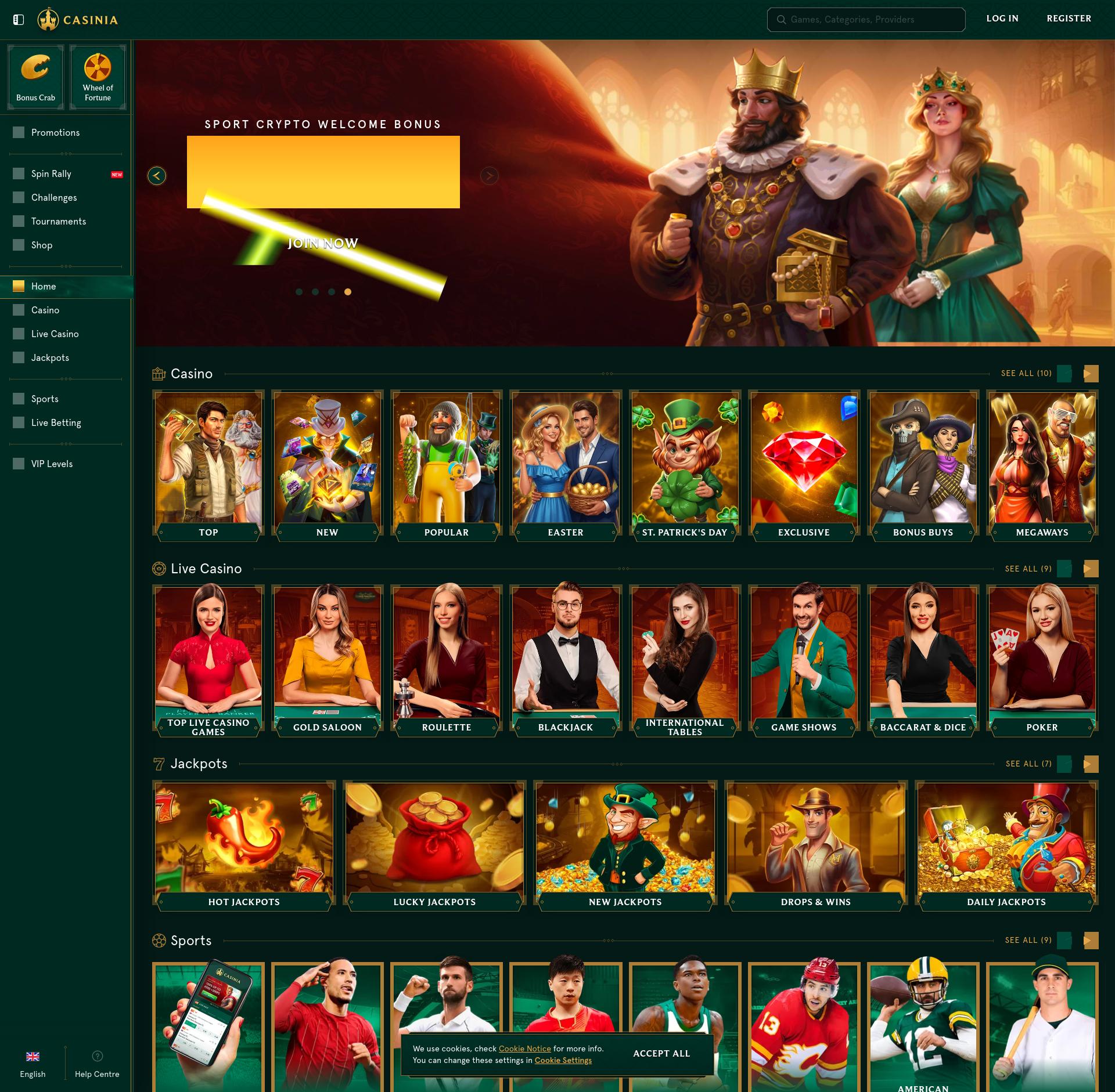 Screenshot des Casinia Casino mit Bonusangeboten