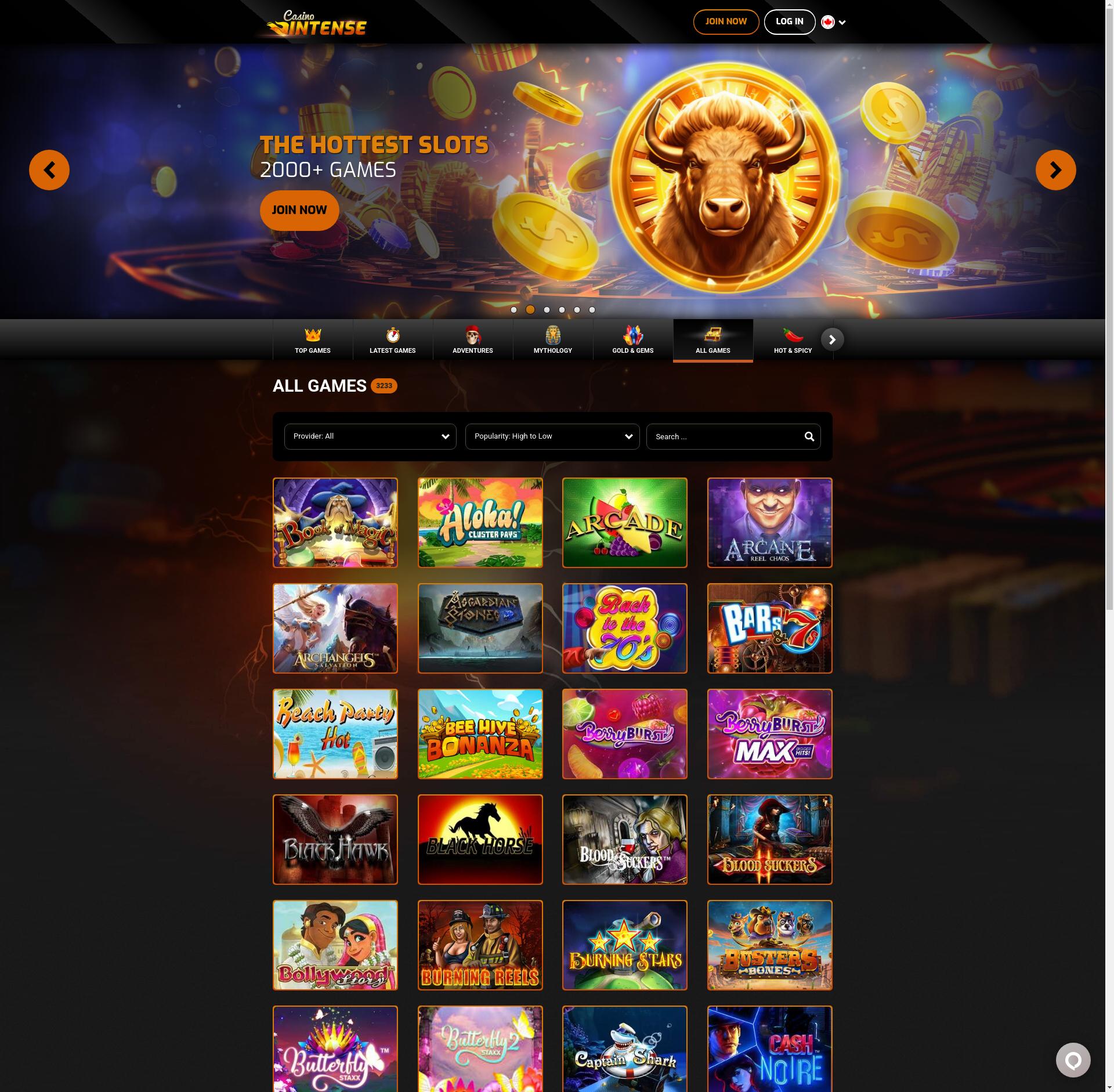 Interface de Casino Intense