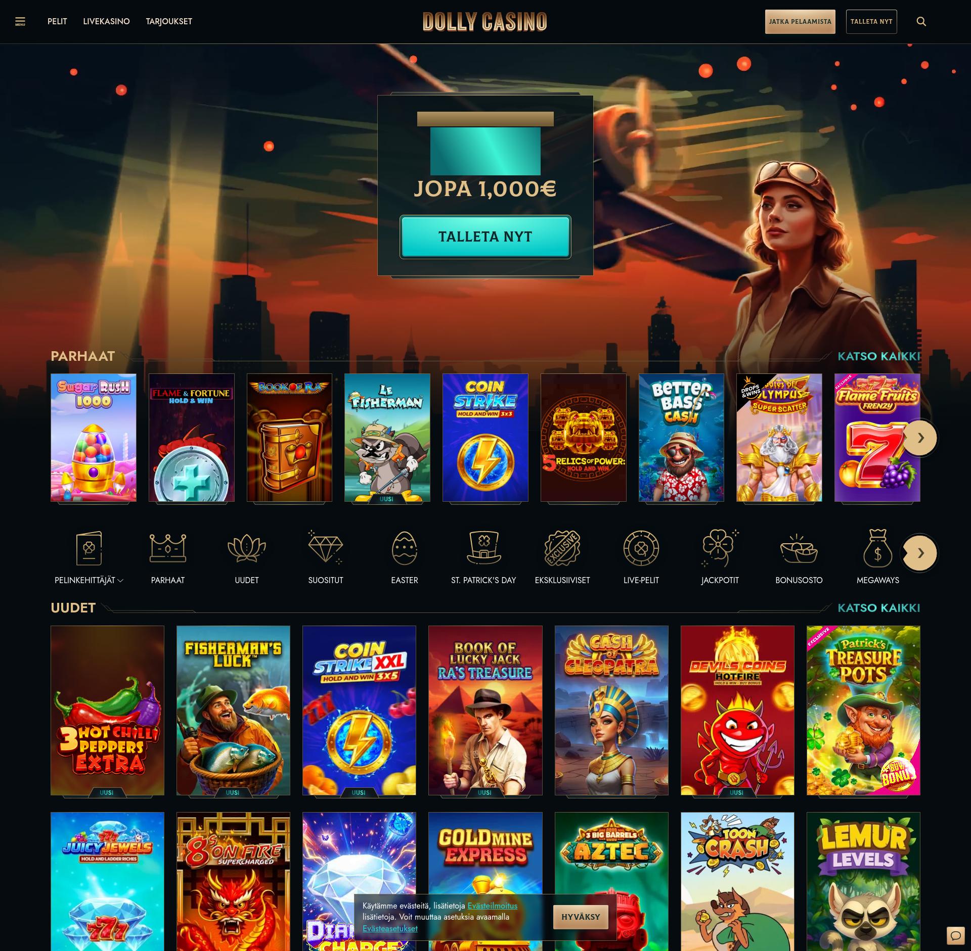 Schermata della lobby di Dolly Casino che mostra una selezione di slot machine popolari