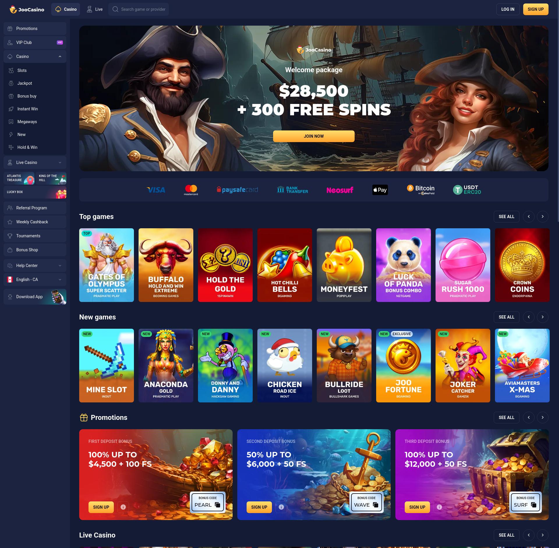 Screenshot of Joo Casino interface showcasing free spins and games