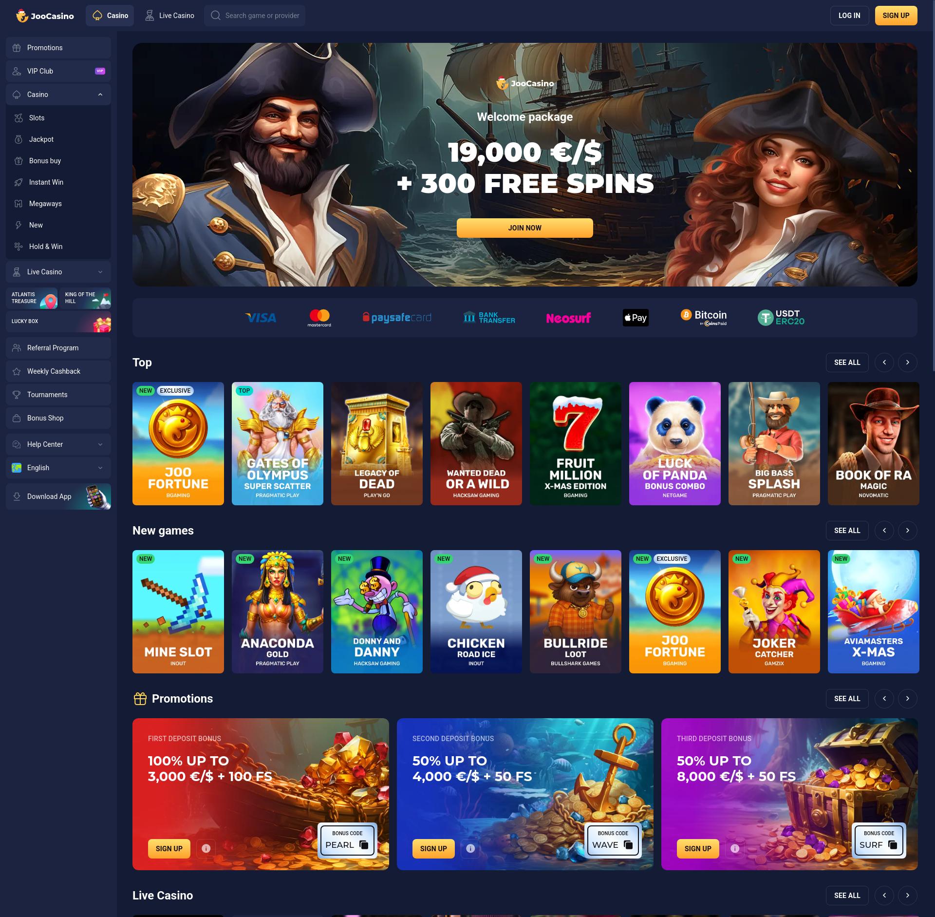 Joo Casino interface showcasing games and bonuses