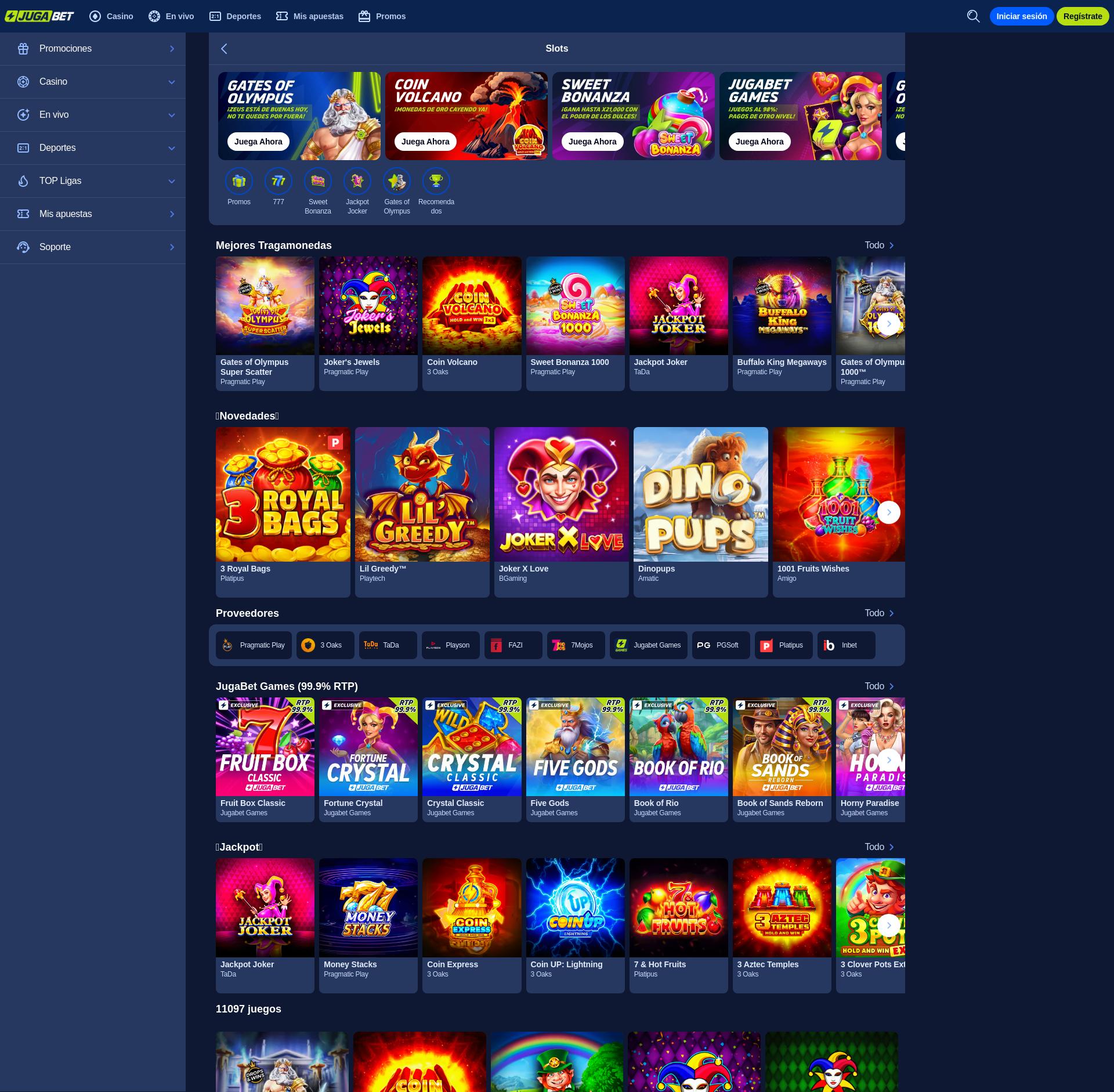 Interfaz de JugaBet casino mostrando juegos y opciones