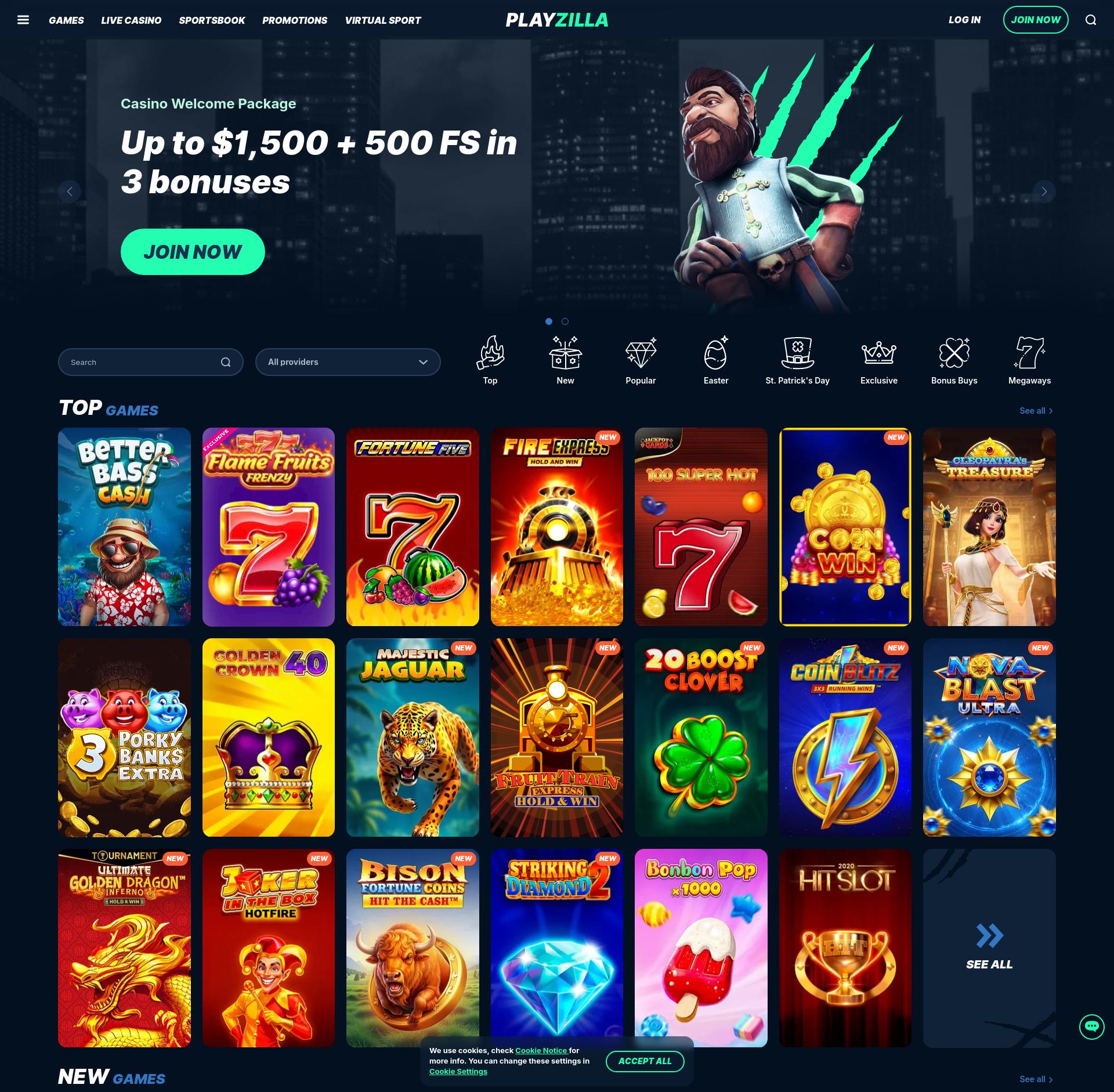Screenshot of Playzilla Casino Interface