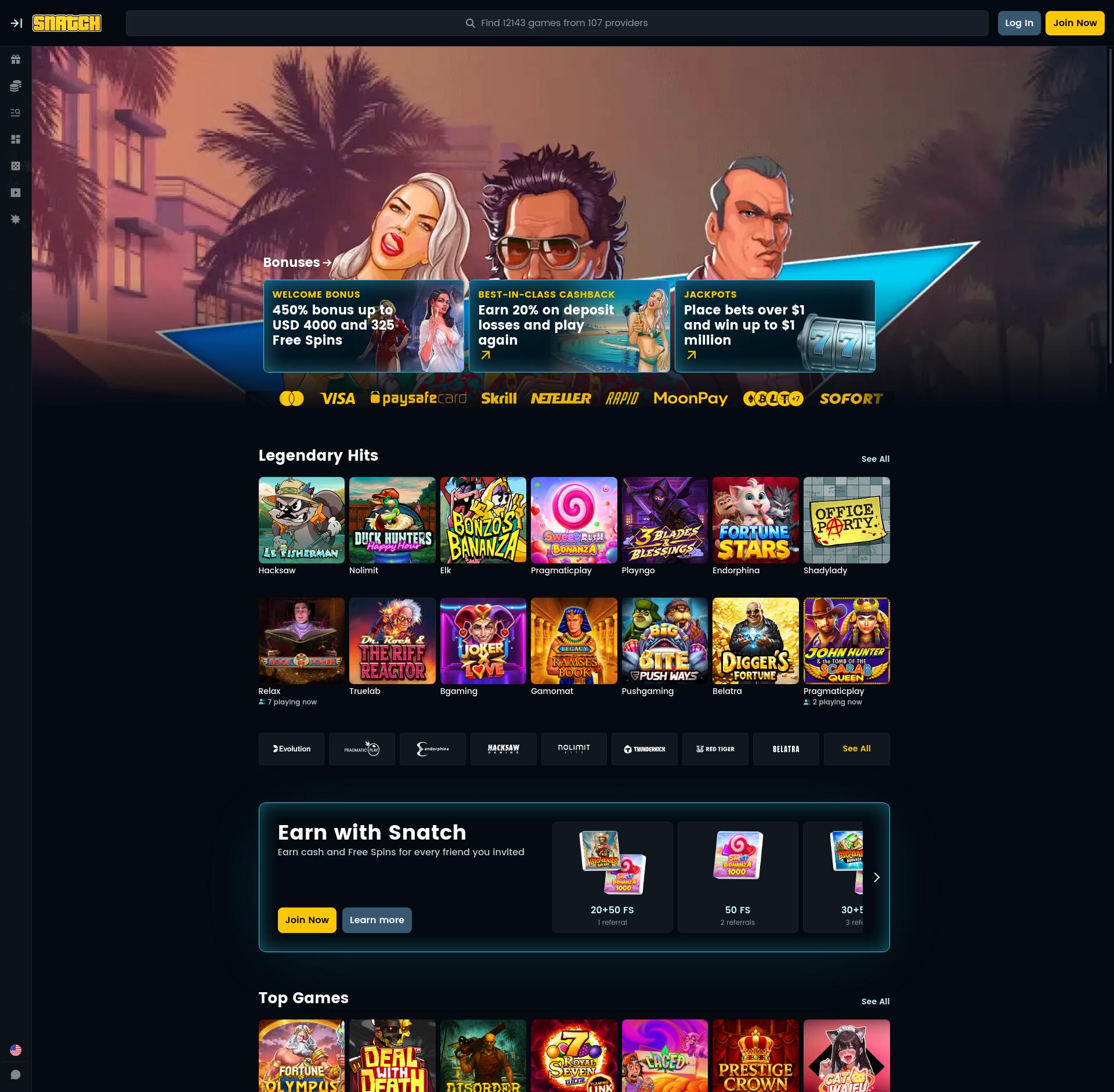 Interfejs logowania Snatch Casino