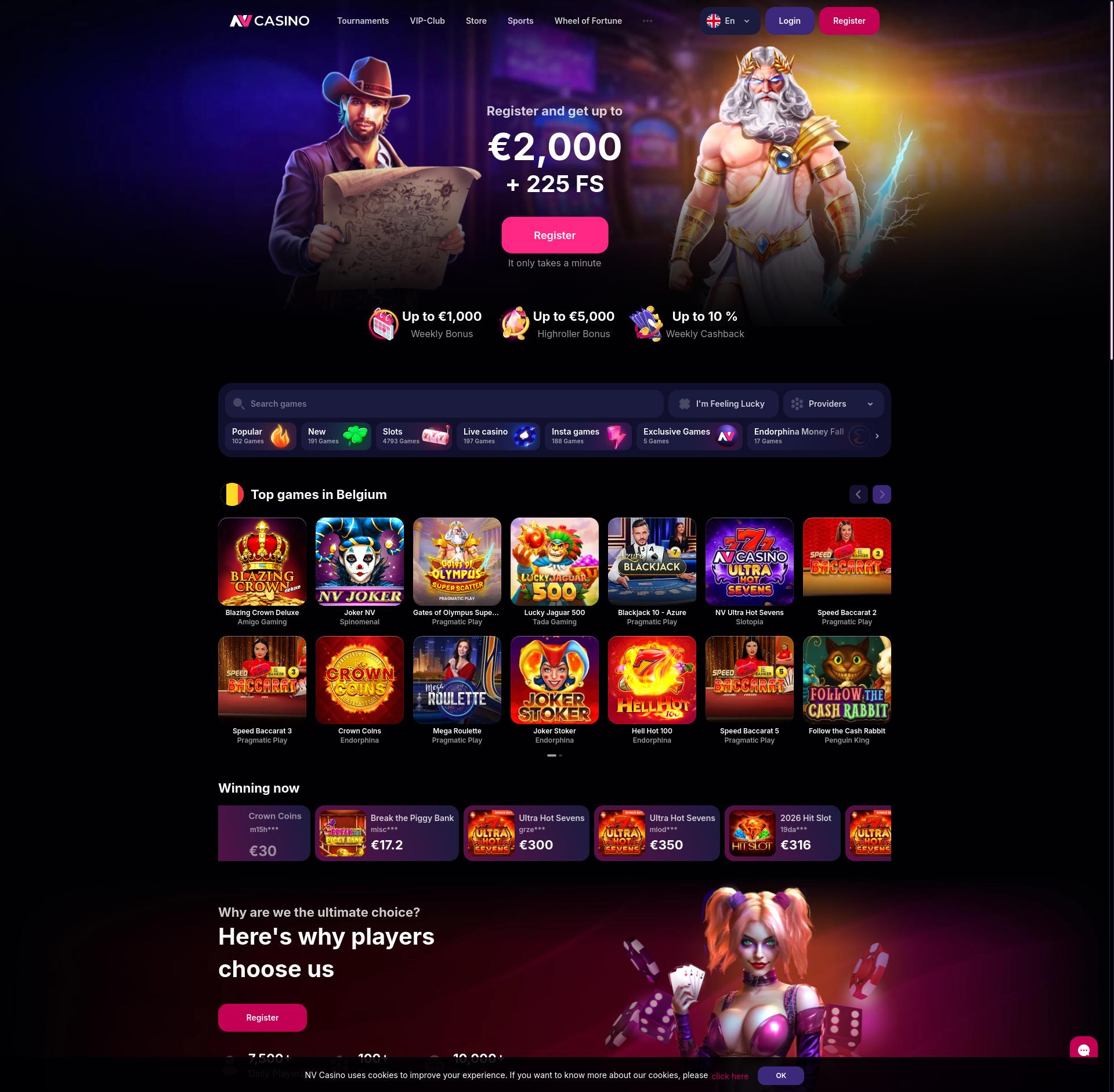 Screenshot van NV Casino BE homepage