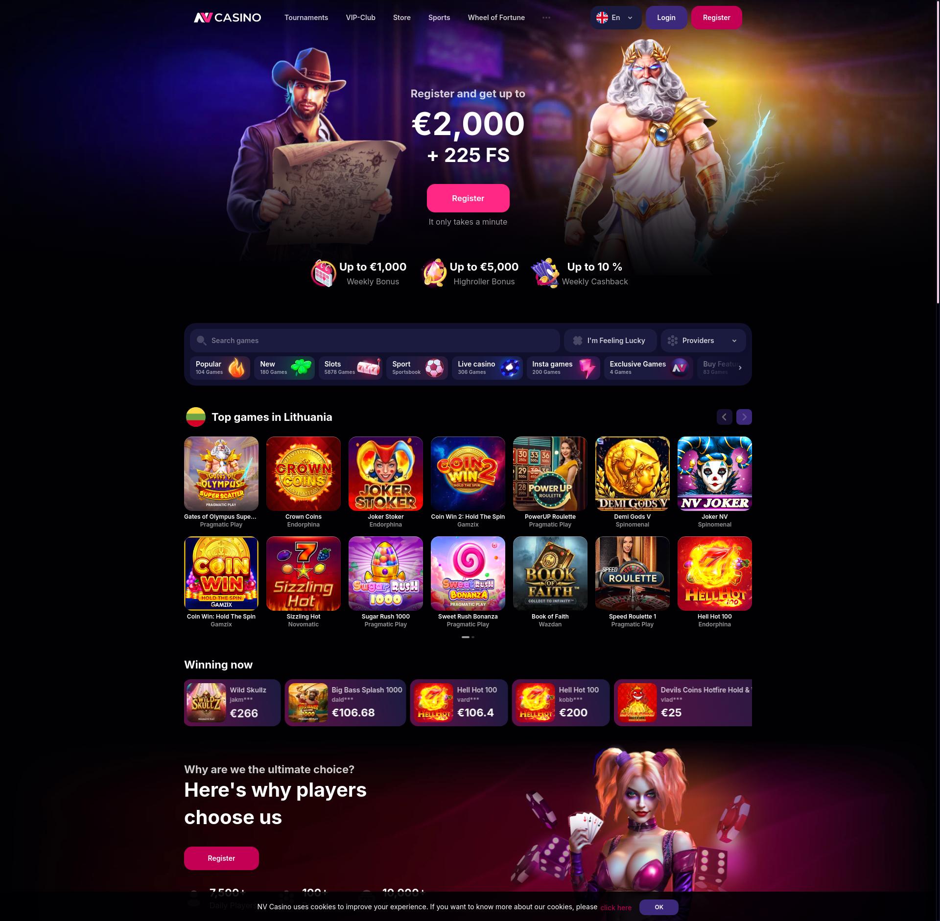 Screenshot von NV Casino mit Slots und Demo-Spielen