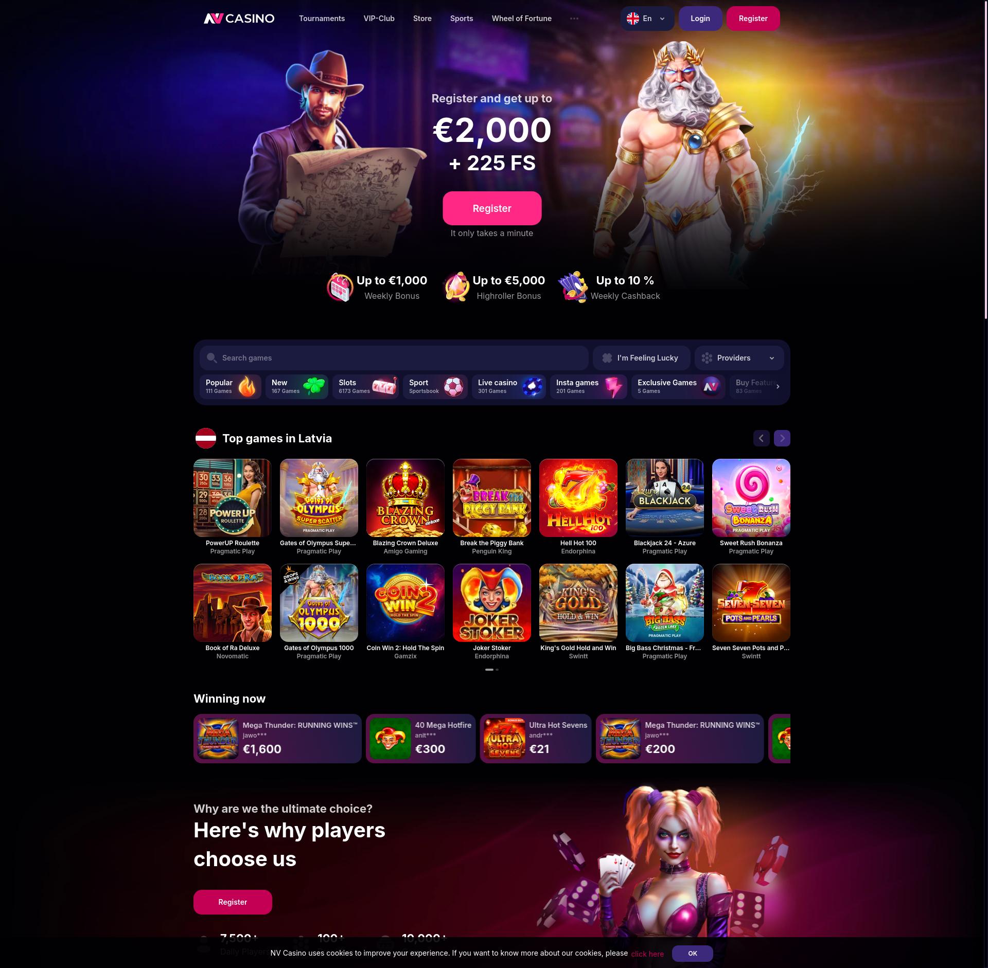 Capture d'écran de l'interface Nv casino