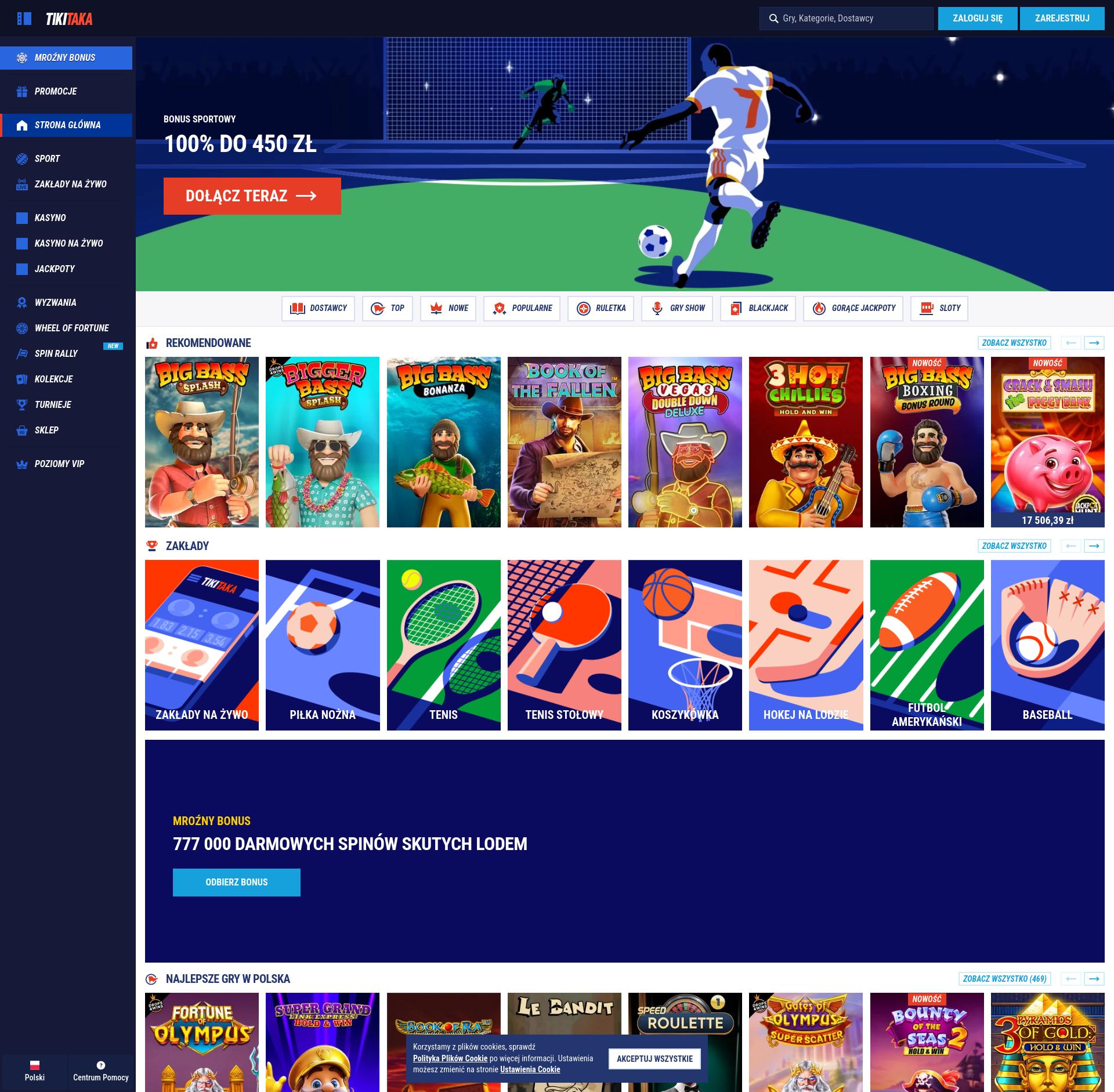 Screenshot of Tiki Taka Casino interface showing registration and game lobby